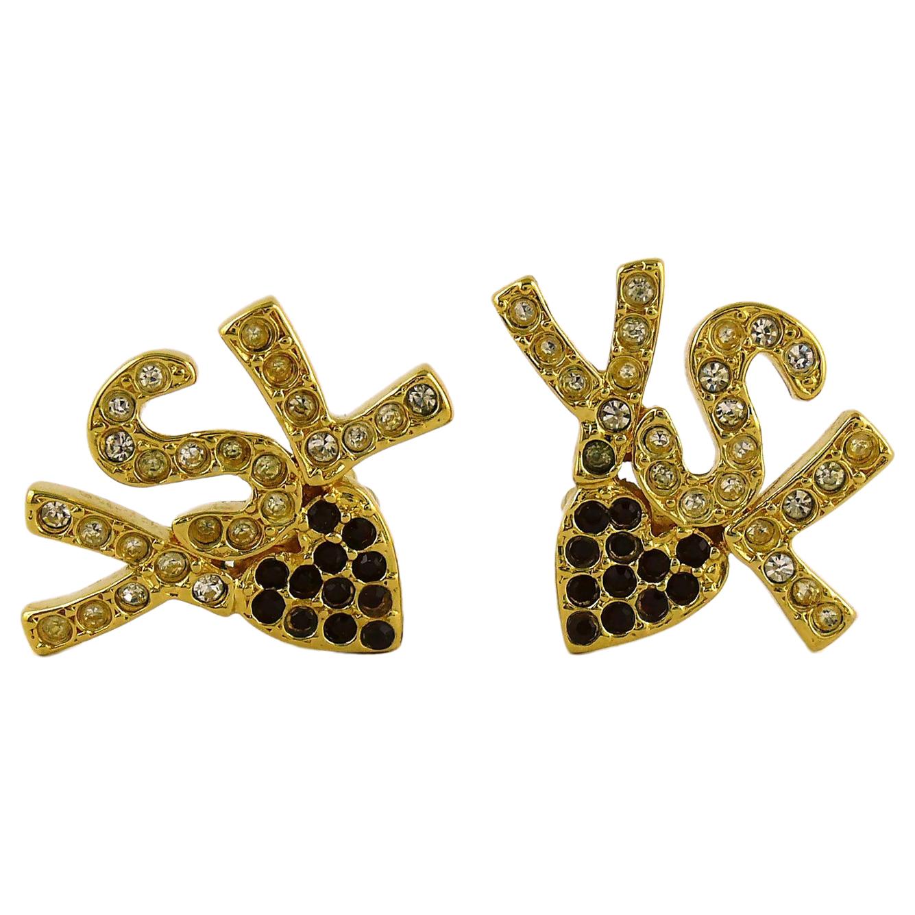 Yves Saint Laurent YSL Vintage Iconic Jewelled Initials Heart Clip-On Earrings