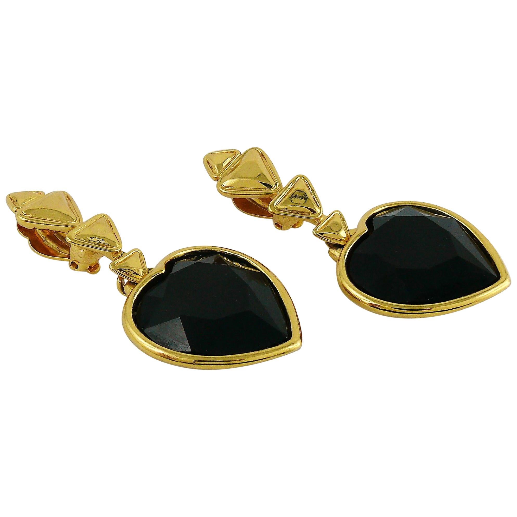 Yves Saint Laurent YSL Vintage Jet Crystal Heart Dangling Earrings