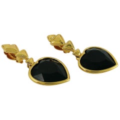 Yves Saint Laurent YSL Vintage Jet Crystal Heart Dangling Earrings