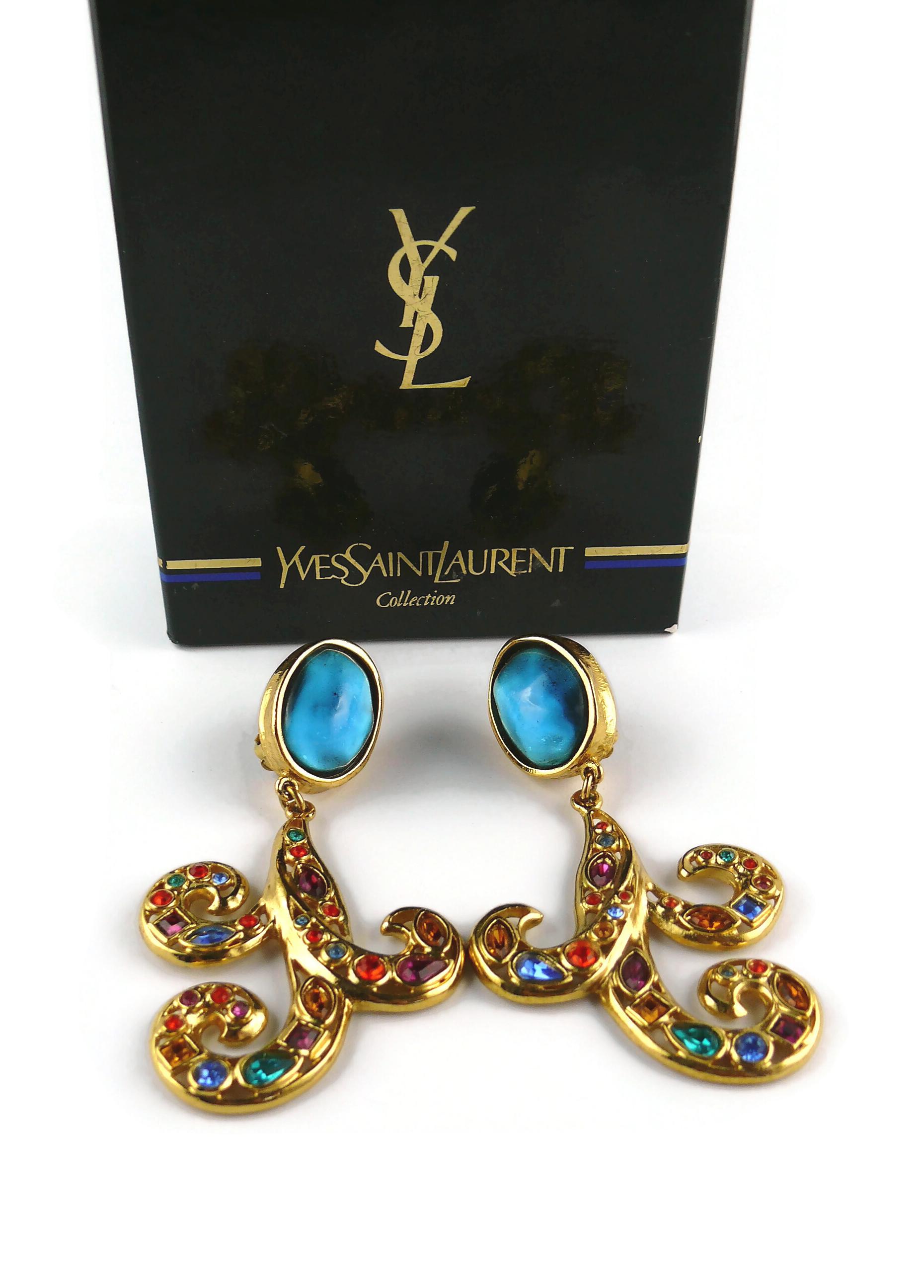 Yves Saint Laurent YSL Vintage Jewelled Arabesque Dangling Earrings In Good Condition For Sale In Nice, FR