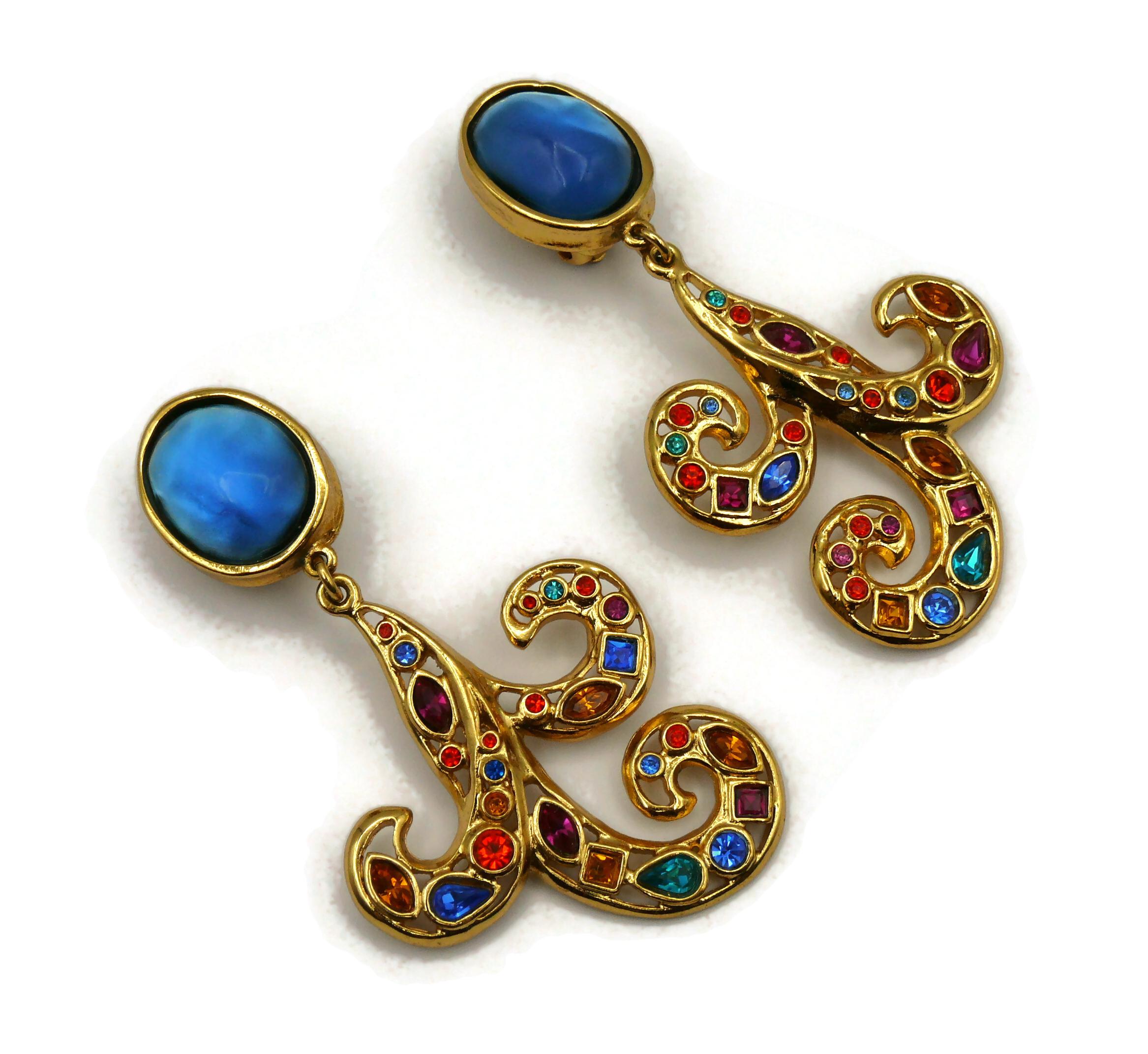 YVES SAINT LAURENT YSL Vintage Jewelled Arabesque Dangling Earrings In Good Condition For Sale In Nice, FR