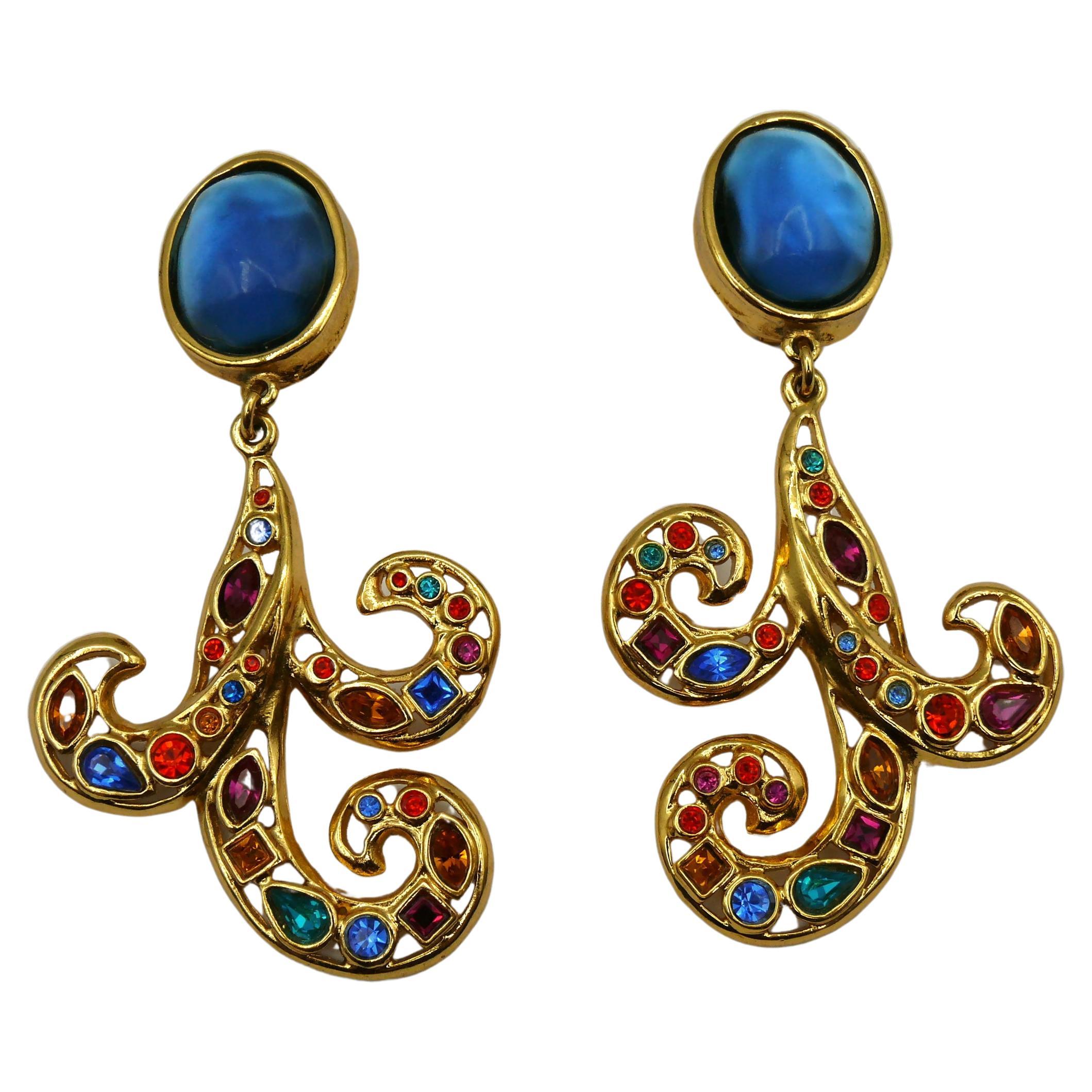 YVES SAINT LAURENT YSL Vintage Jewelled Arabesque Dangling Earrings For Sale