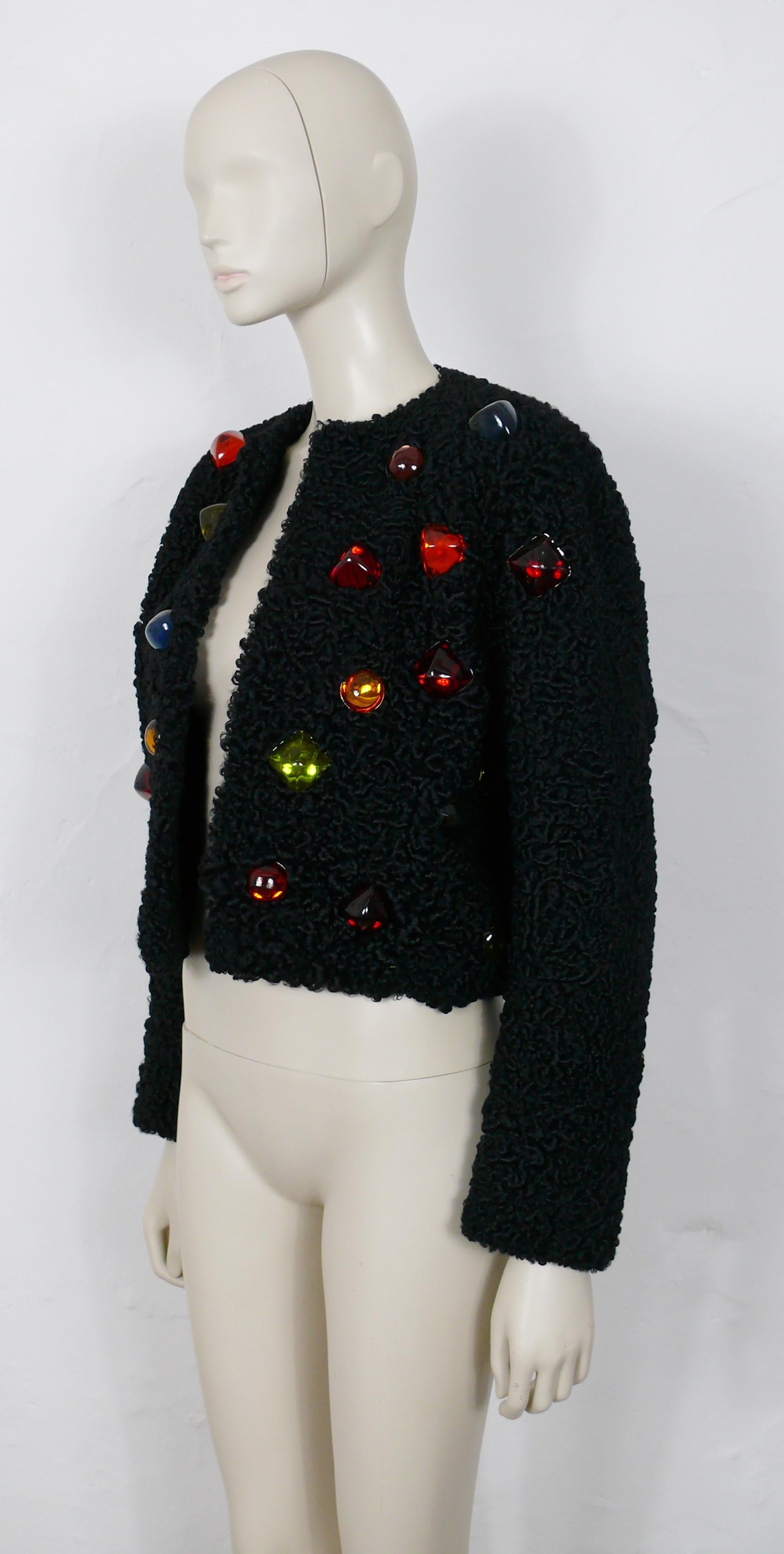 Yves Saint Laurent YSL Vintage Jewelled Black Astrakhan Fur Bolero Jacket In Good Condition For Sale In Nice, FR