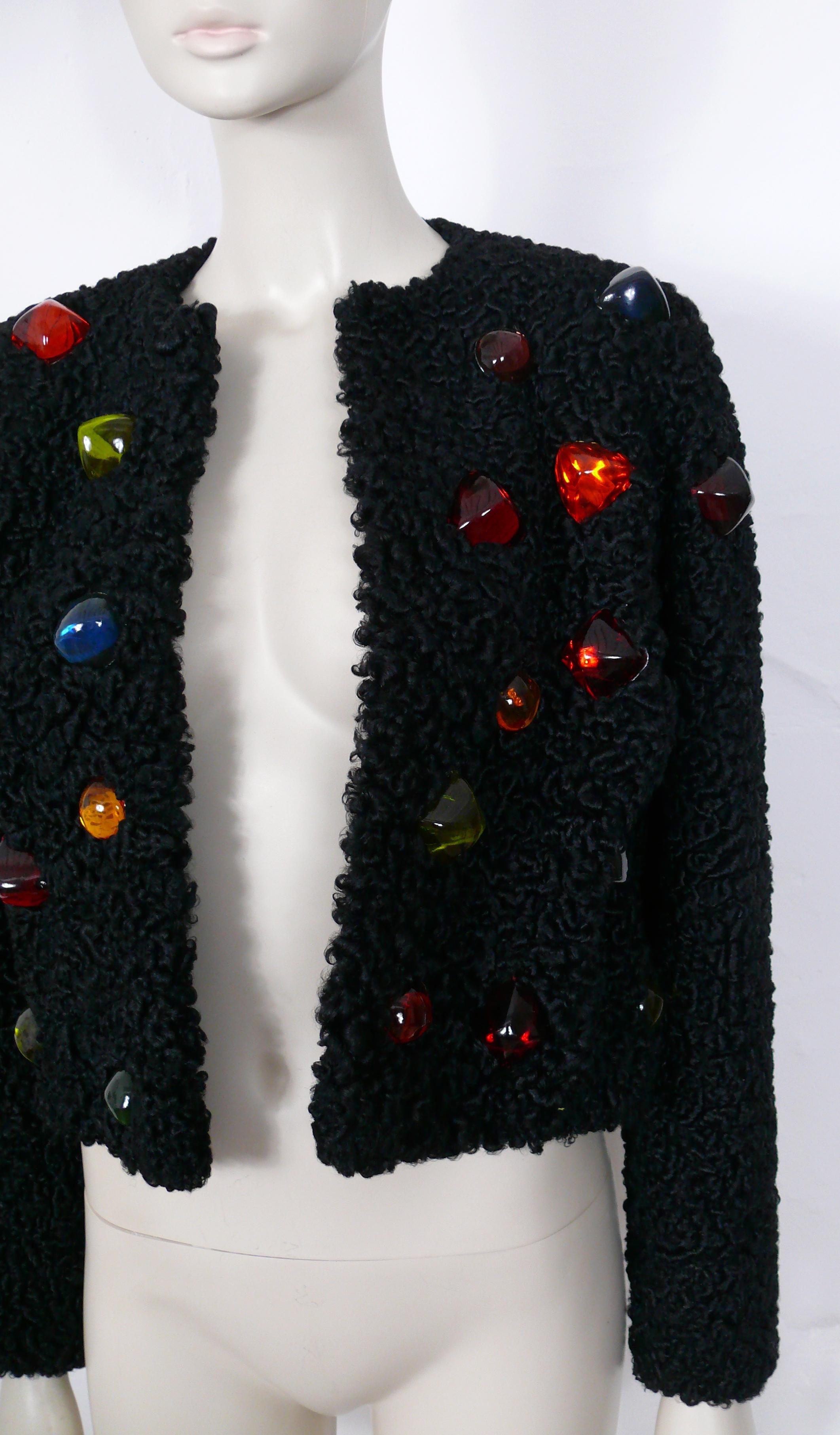 Yves Saint Laurent YSL Vintage Jewelled Black Astrakhan Fur Bolero Jacket For Sale 1