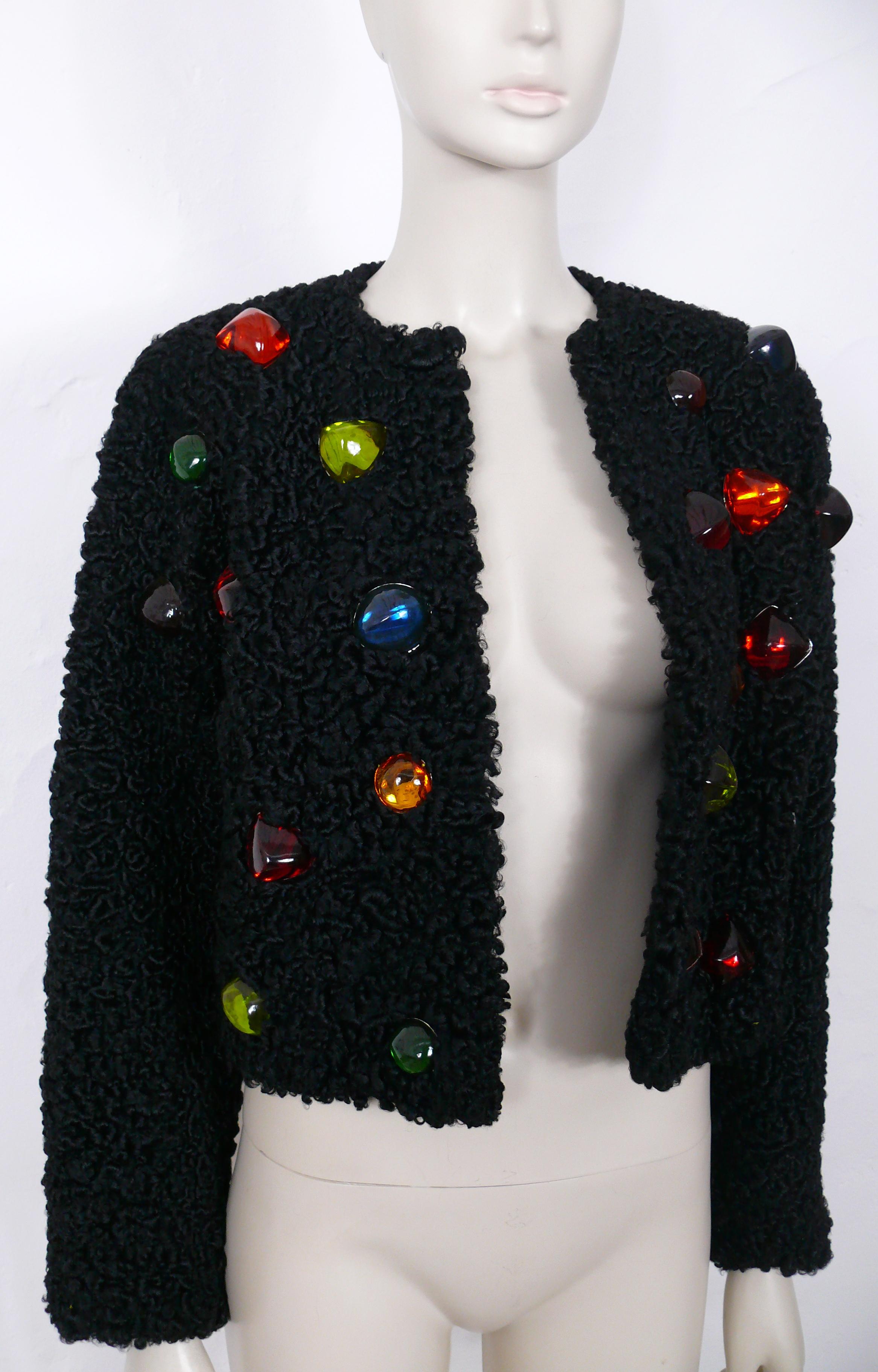 Yves Saint Laurent YSL Vintage Jewelled Black Astrakhan Fur Bolero Jacket For Sale 2