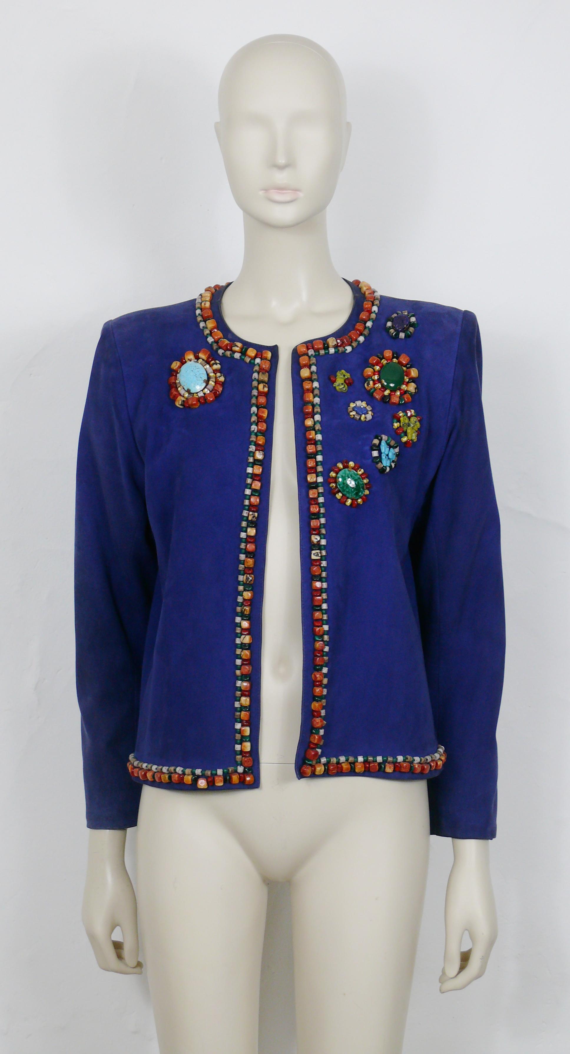 Yves Saint Laurent YSL Vintage Jewelled Blue Lambskin Jacket In Fair Condition For Sale In Nice, FR