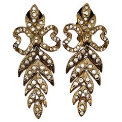 YVES SAINT LAURENT YSL Vintage Jewelled Bow Leaf Dangle Earrings