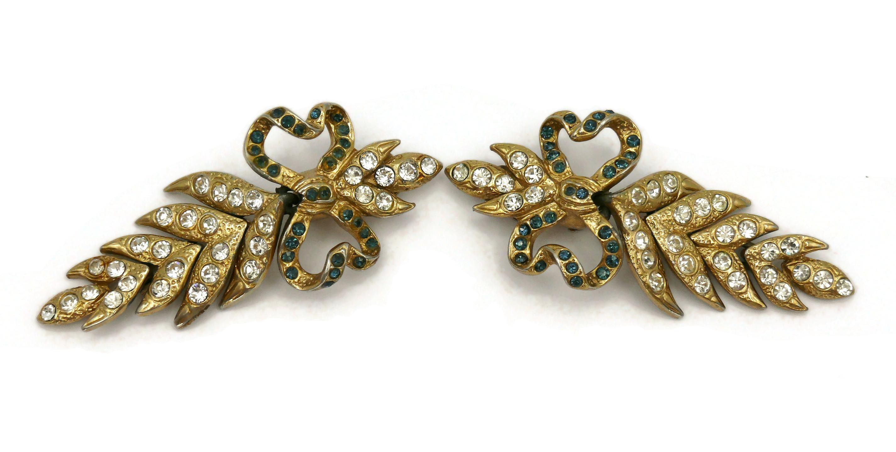 YVES SAINT LAURENT YSL Vintage Jewelled Bow Leaf Dangling Earrings In Good Condition For Sale In Nice, FR