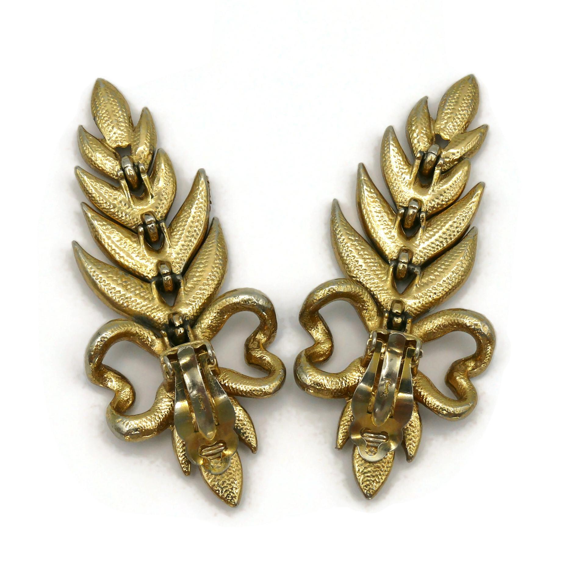 YVES SAINT LAURENT YSL Vintage Jewelled Bow Leaf Dangling Earrings For Sale 1