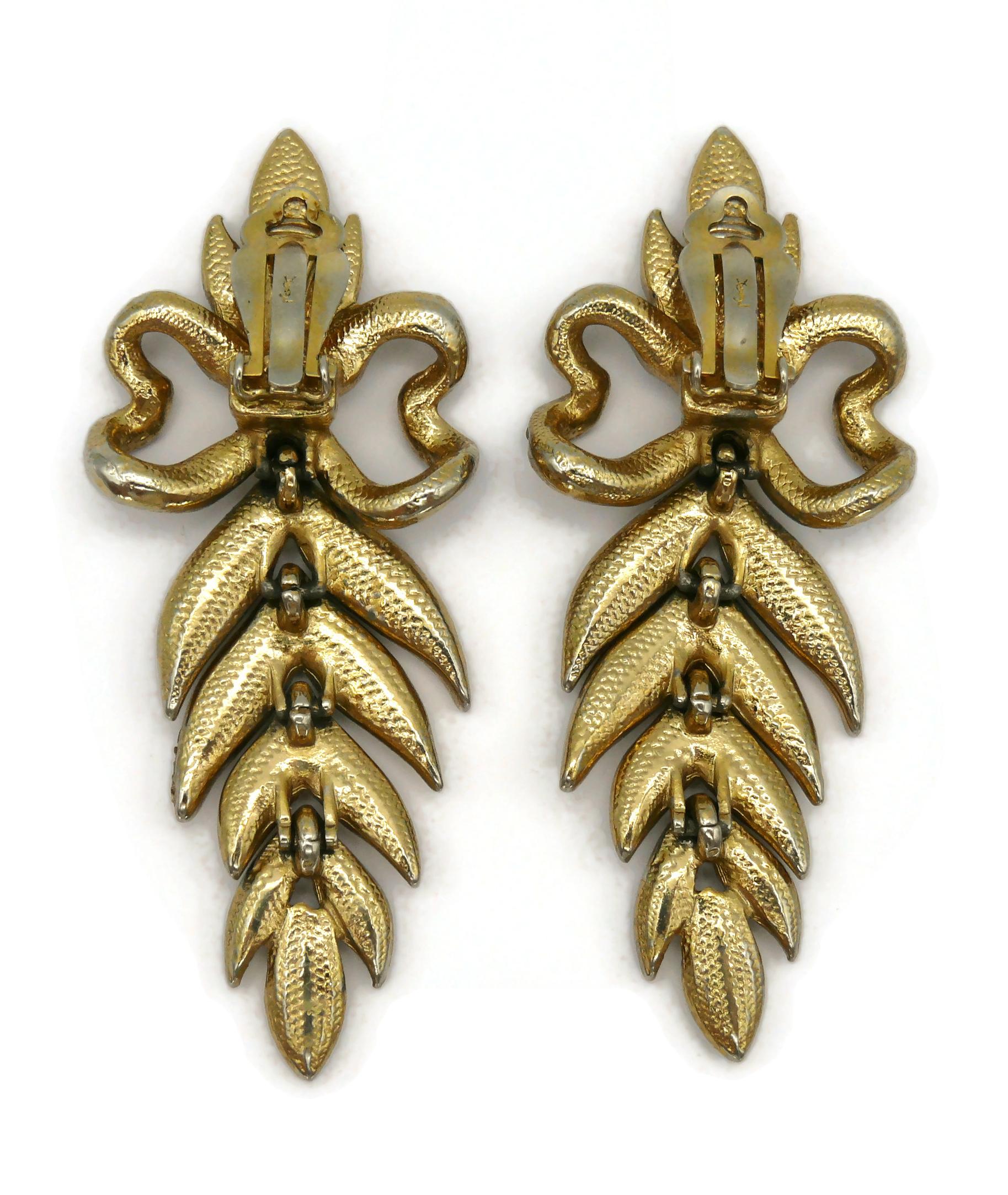 YVES SAINT LAURENT YSL Vintage Jewelled Bow Leaf Dangling Earrings For Sale 2