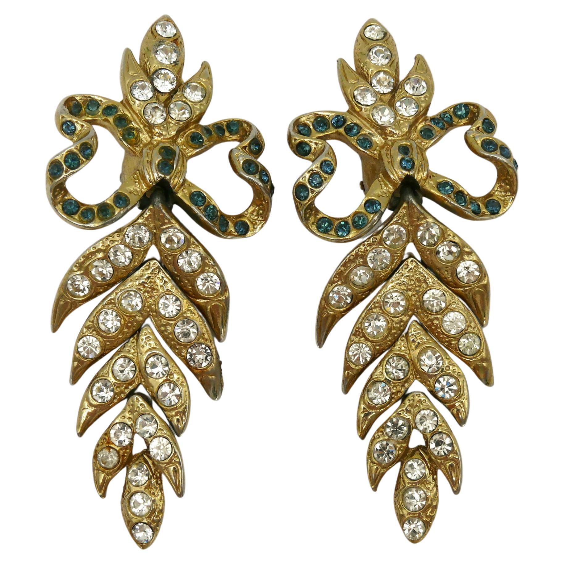 YVES SAINT LAURENT YSL Vintage Jewelled Bow Leaf Dangling Earrings For Sale