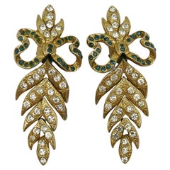 YVES SAINT LAURENT YSL Vintage Jewelled Bow Leaf Dangling Earrings