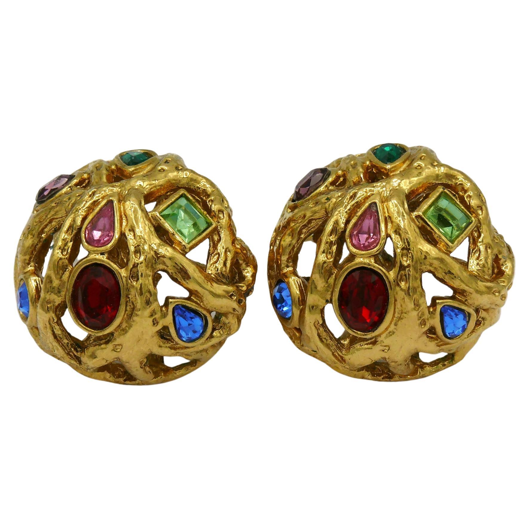 YVES SAINT LAURENT YSL Vintage Jewelled Domed Clip-On Earrings For Sale