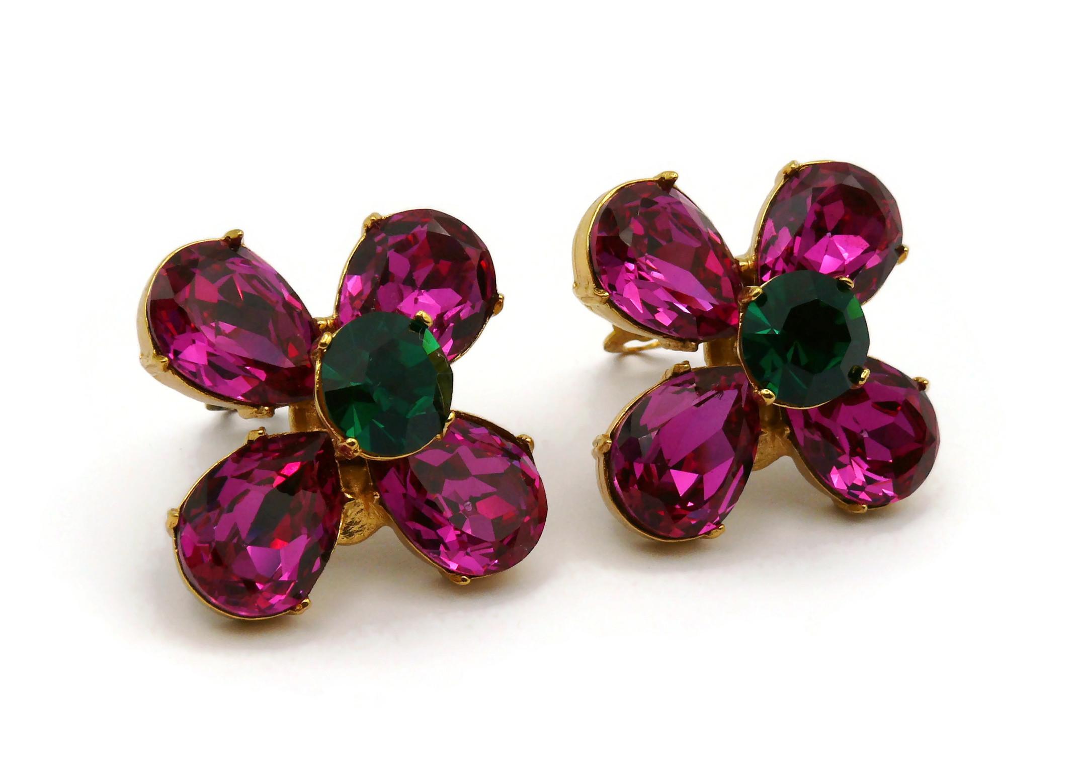 YVES SAINT LAURENT YSL Vintage Jewelled Flower Clip-On Earrings In Good Condition For Sale In Nice, FR