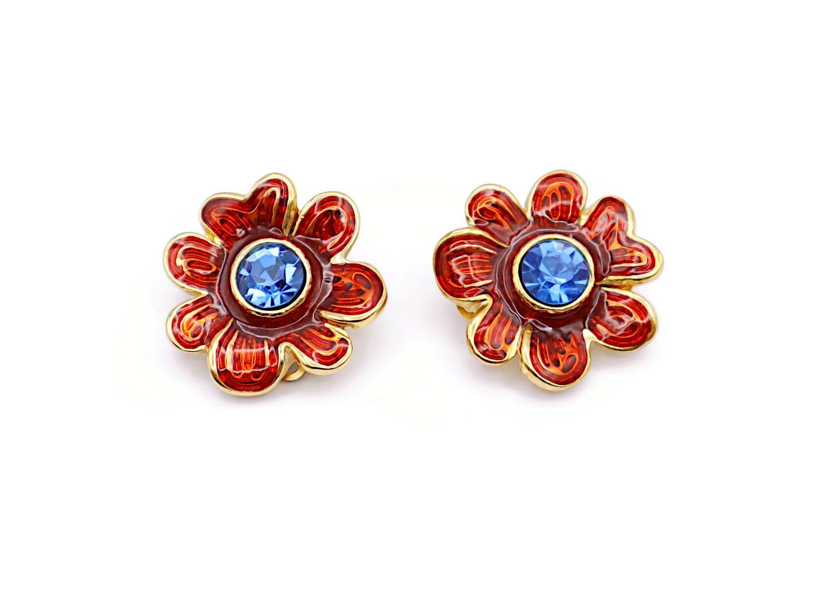 YVES SAINT LAURENT YSL Vintage Jewelled Flower Clip-On Earrings For Sale 2