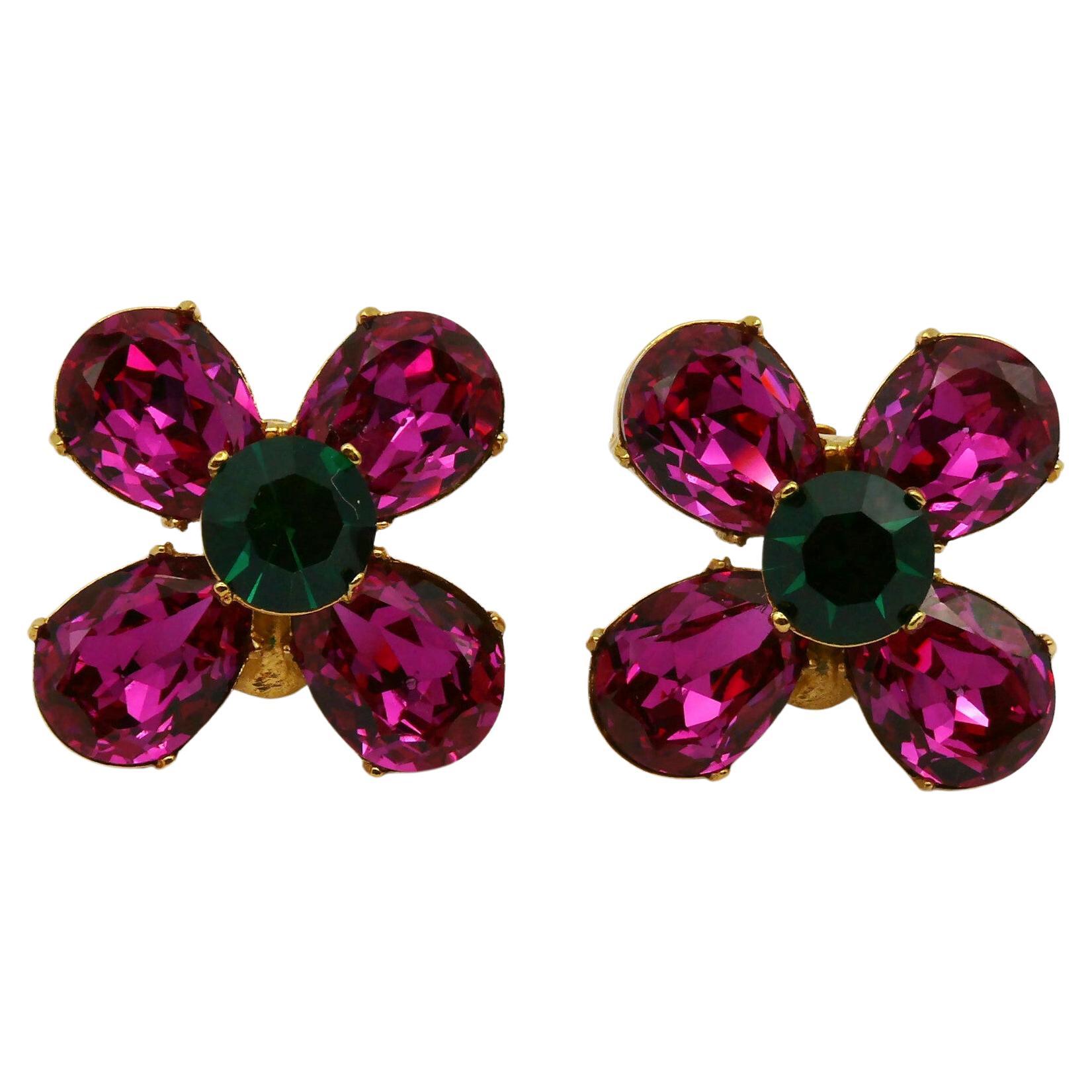 YVES SAINT LAURENT YSL Vintage Jewelled Flower Clip-On Earrings For Sale