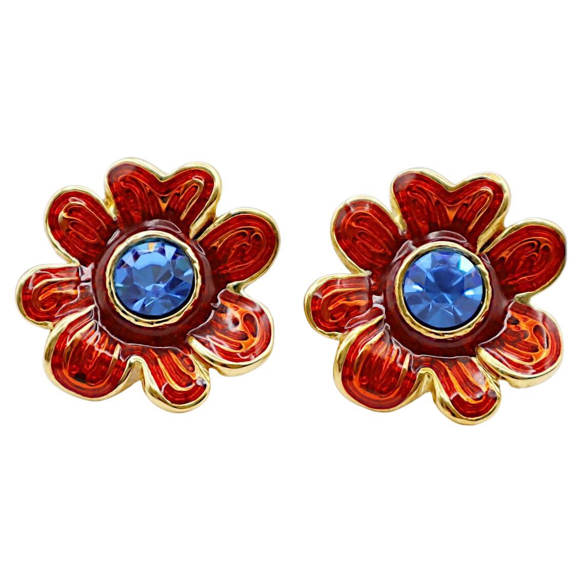 YVES SAINT LAURENT YSL Vintage Jewelled Flower Clip-On Earrings For Sale