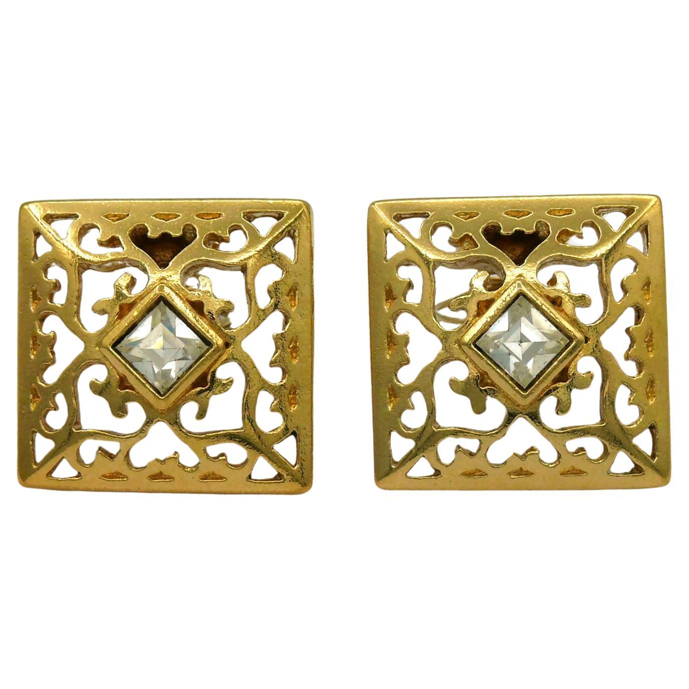 YVES SAINT LAURENT YSL Vintage Jewelled Gold Tone Clip-On Earrings For Sale