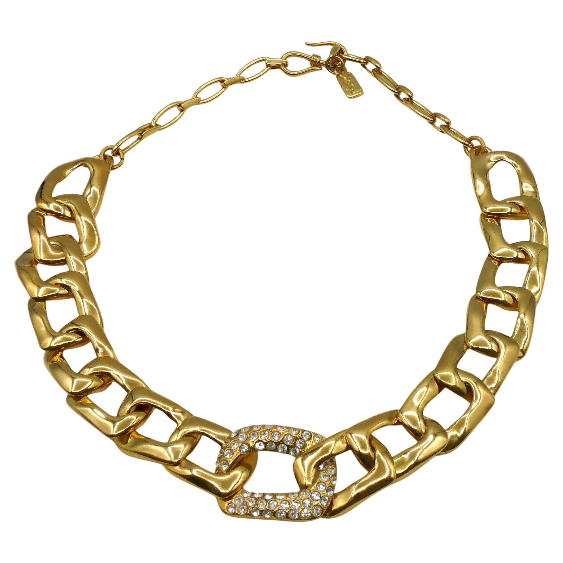 YVES SAINT LAURENT YSL Vintage Jewelled Gold Tone Curb Chain Necklace For Sale