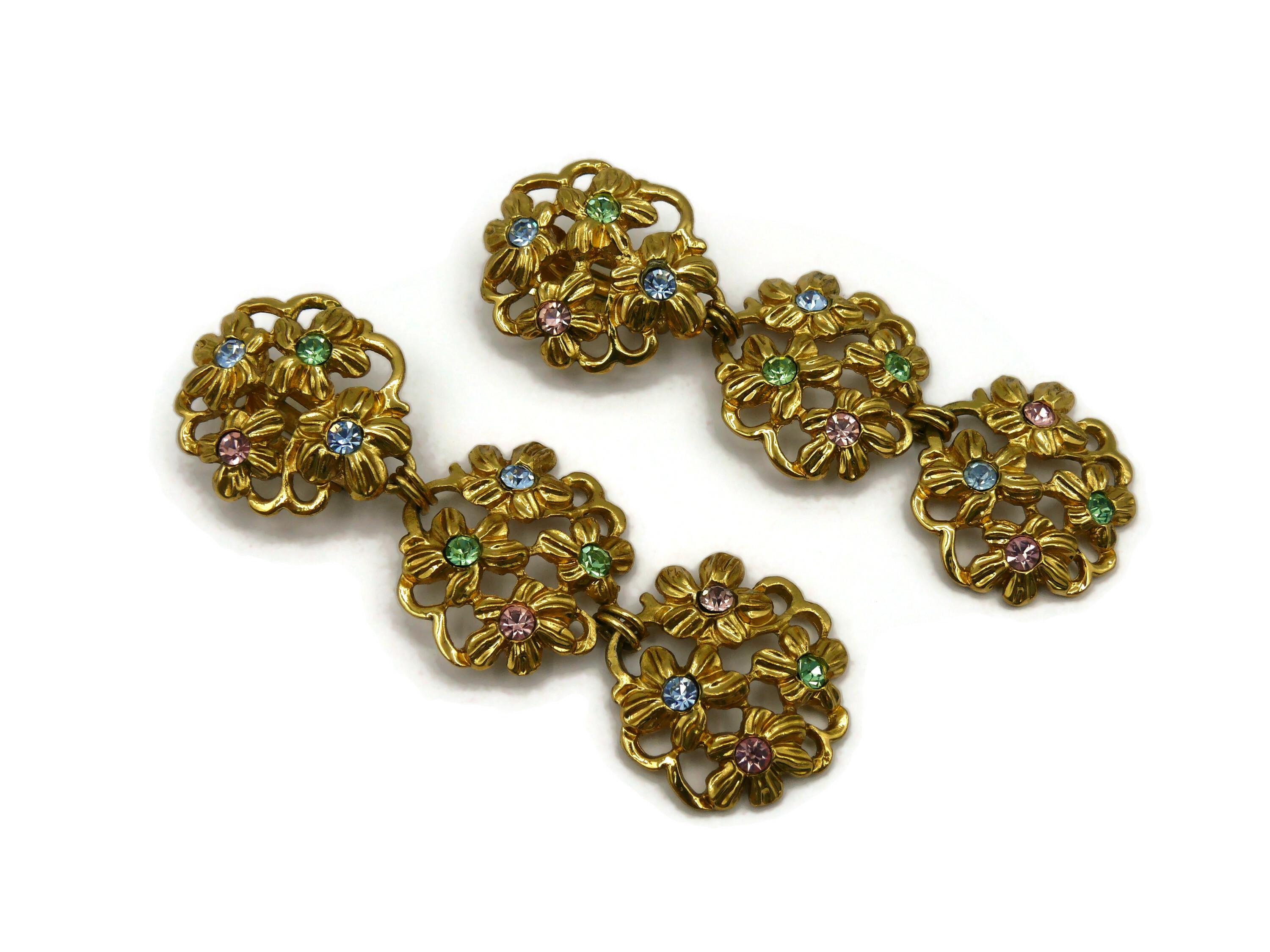 YVES SAINT LAURENT YSL Vintage Jewelled Gold Tone Floral Dangling Earrings In Good Condition For Sale In Nice, FR