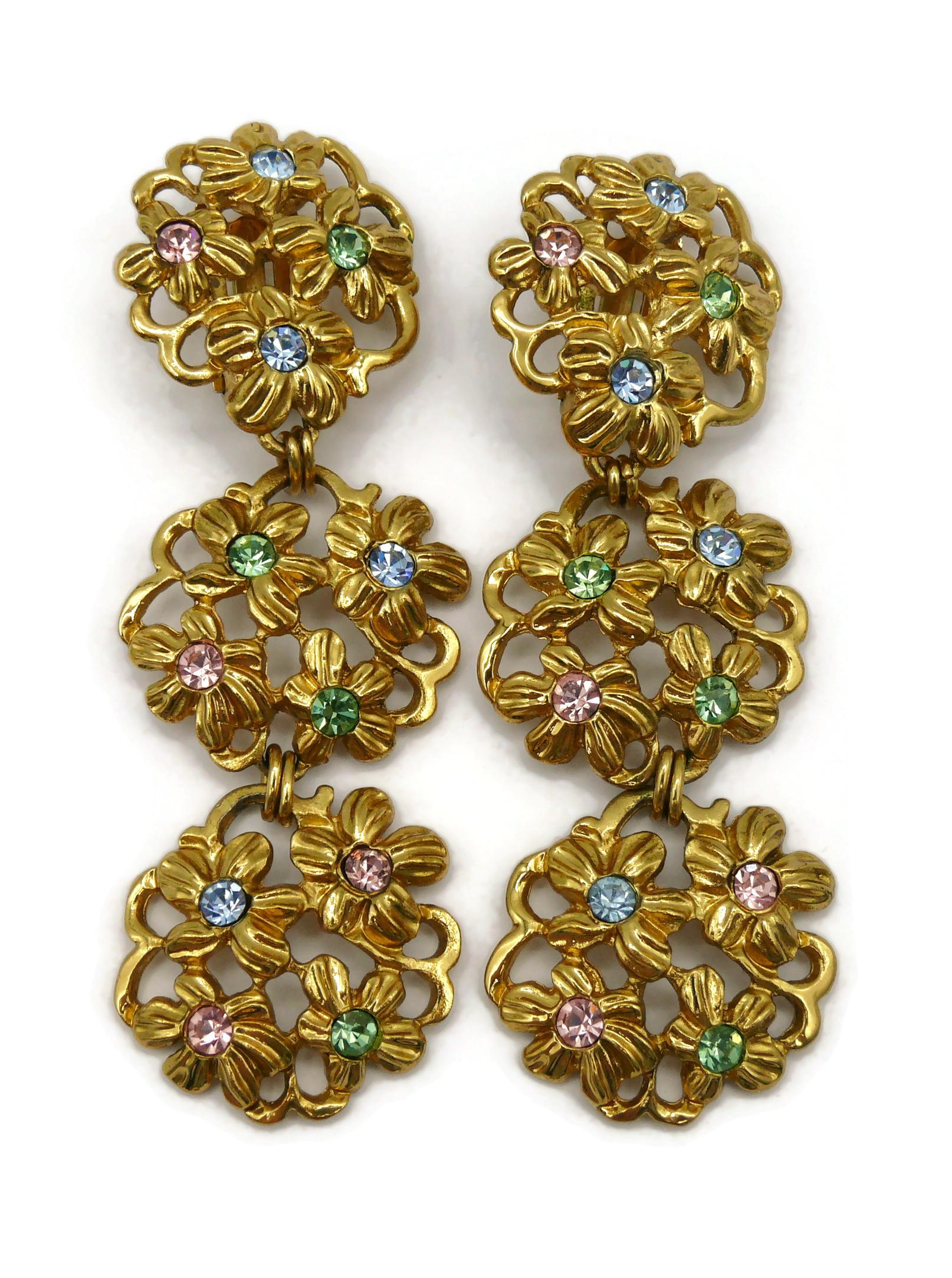 Women's YVES SAINT LAURENT YSL Vintage Jewelled Gold Tone Floral Dangling Earrings For Sale