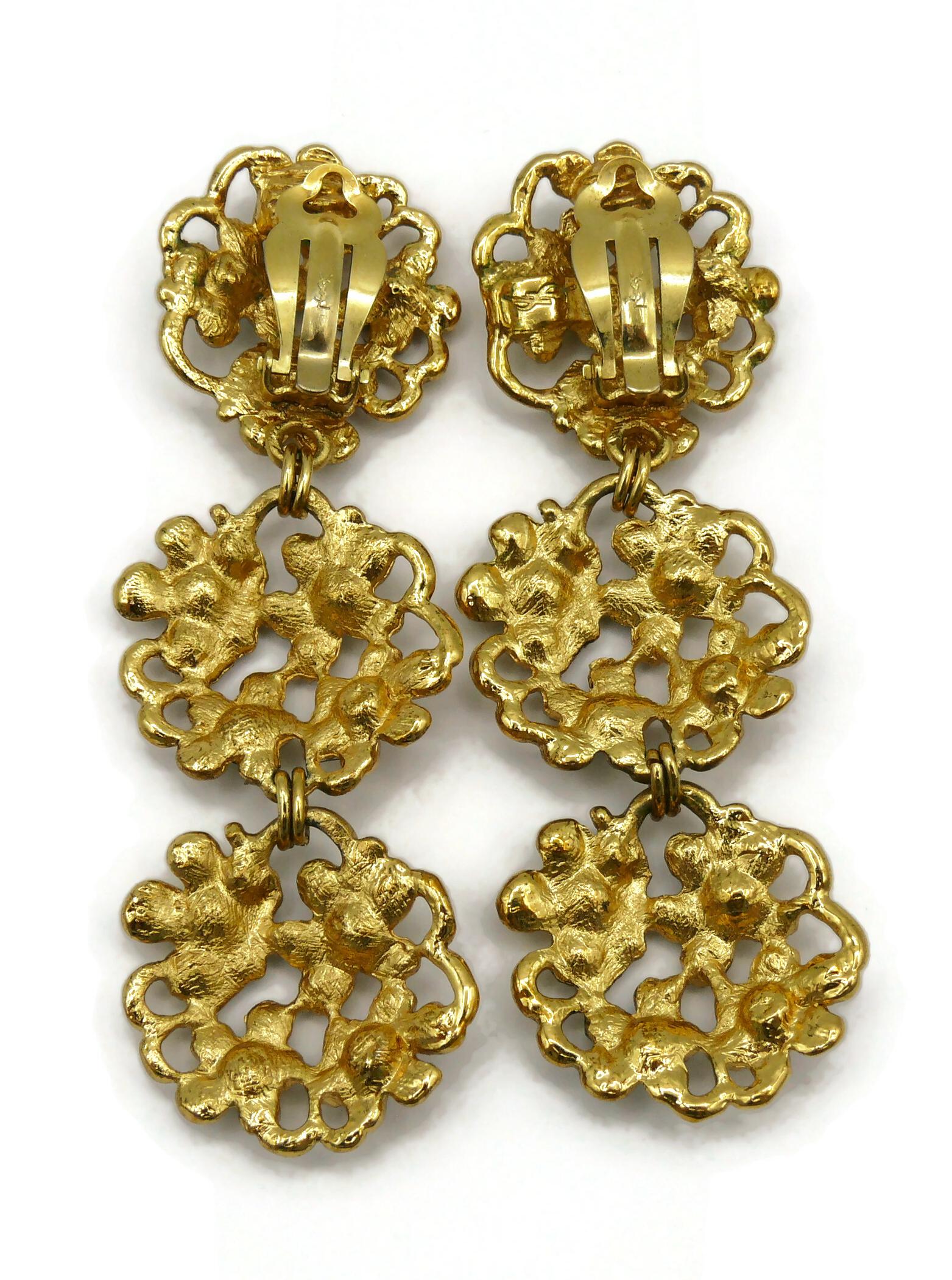 YVES SAINT LAURENT YSL Vintage Jewelled Gold Tone Floral Dangling Earrings For Sale 3