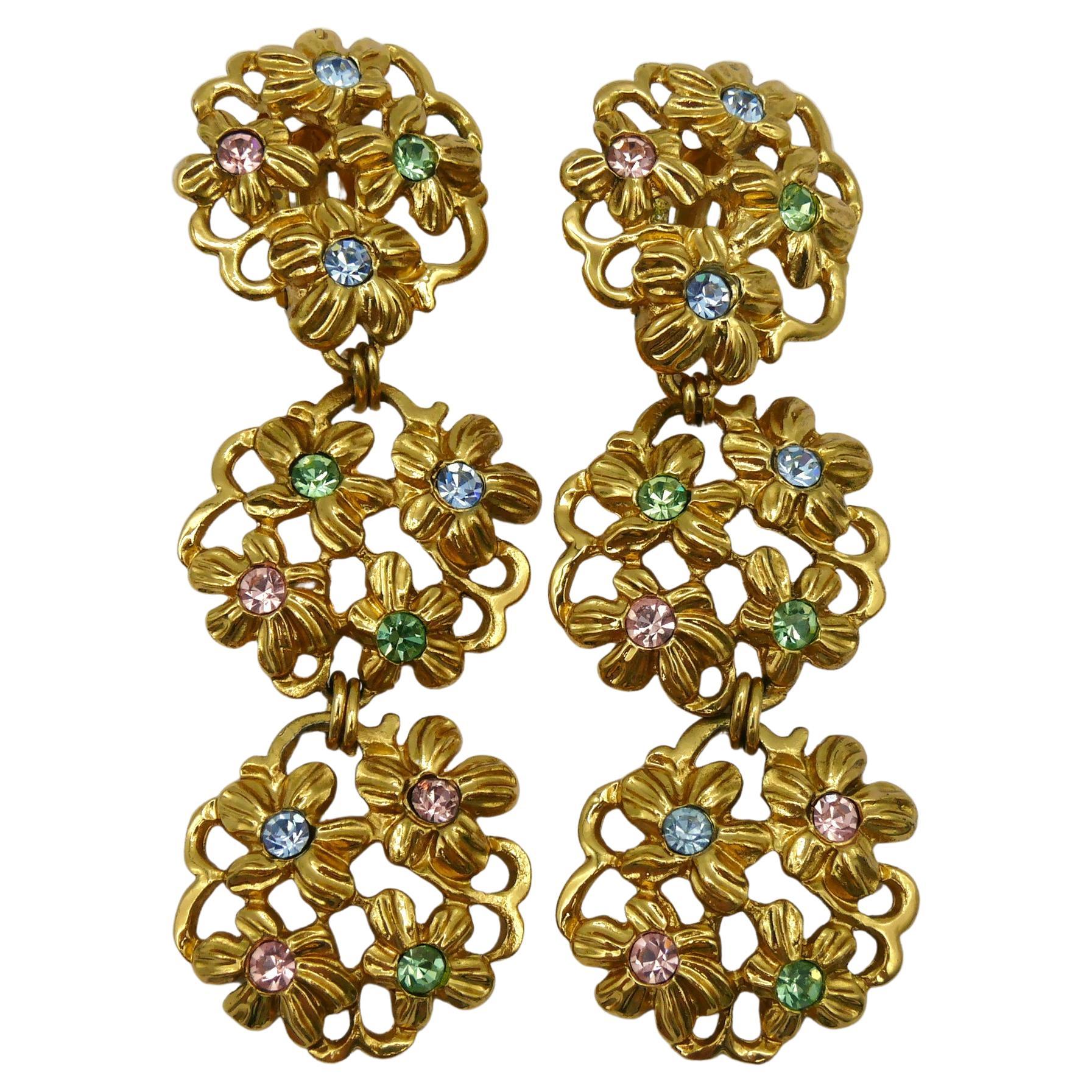 YVES SAINT LAURENT YSL Vintage Jewelled Gold Tone Floral Dangling Earrings For Sale