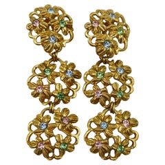 YVES SAINT LAURENT YSL Vintage Jewelled Gold Tone Floral Dangling Earrings