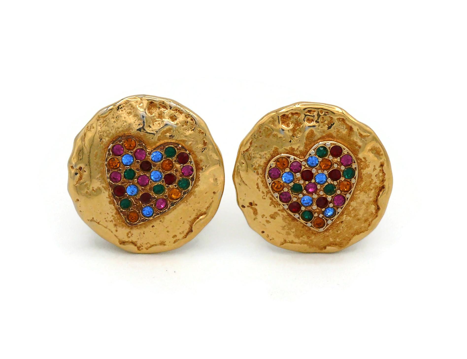 YVES SAINT LAURENT YSL Vintage Jewelled Heart Clip-On Earrings In Fair Condition For Sale In Nice, FR
