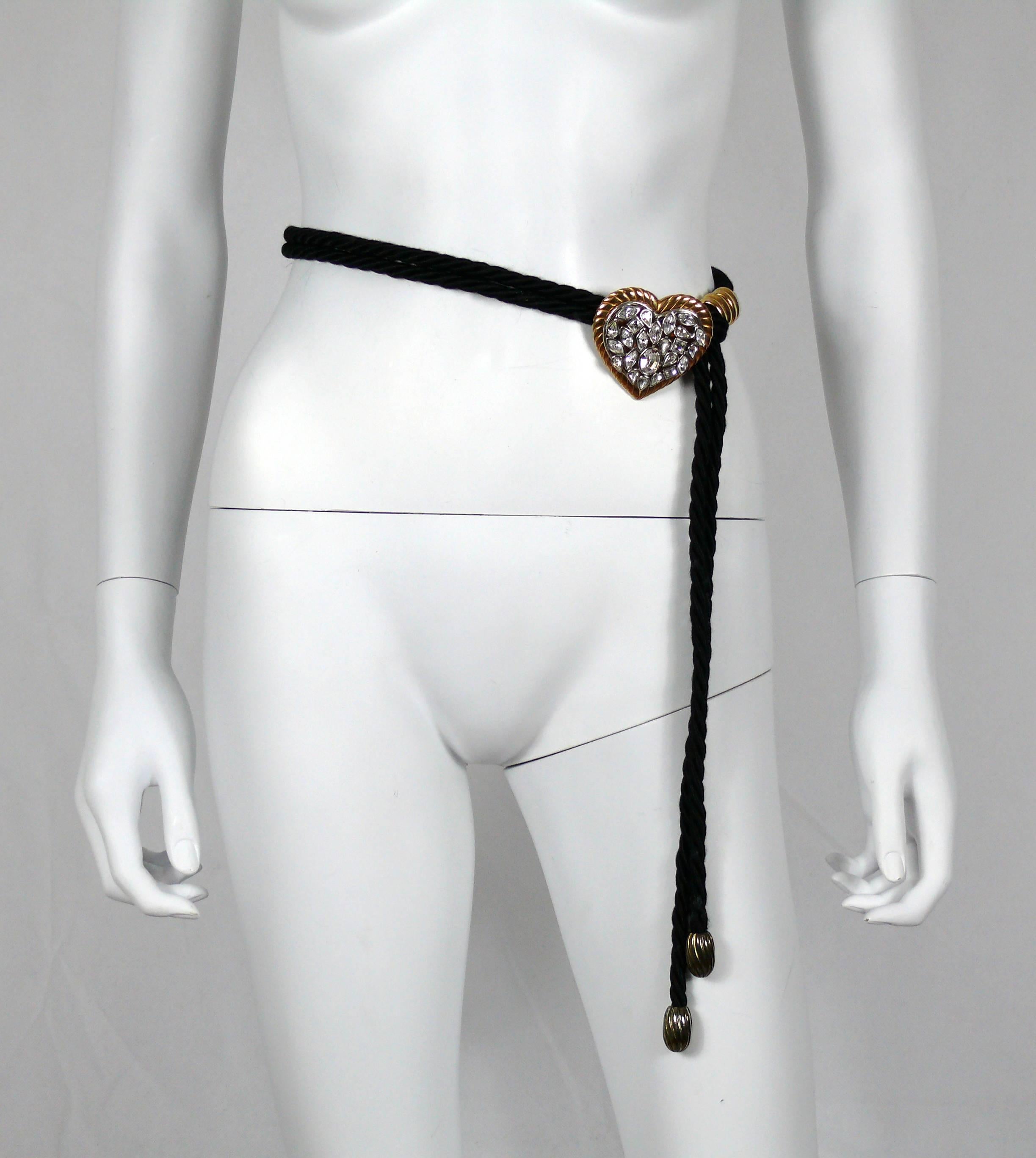 Black Yves Saint Laurent YSL Vintage Jewelled Heart Silk Cord Belt For Sale