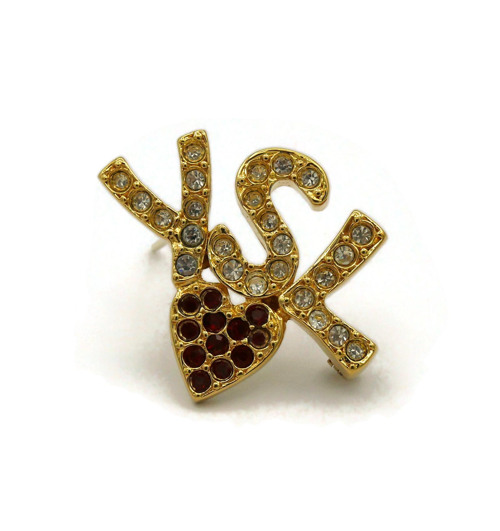 YVES SAINT LAURENT YSL Vintage Jewelled Initials Heart Brooch In Good Condition For Sale In Nice, FR