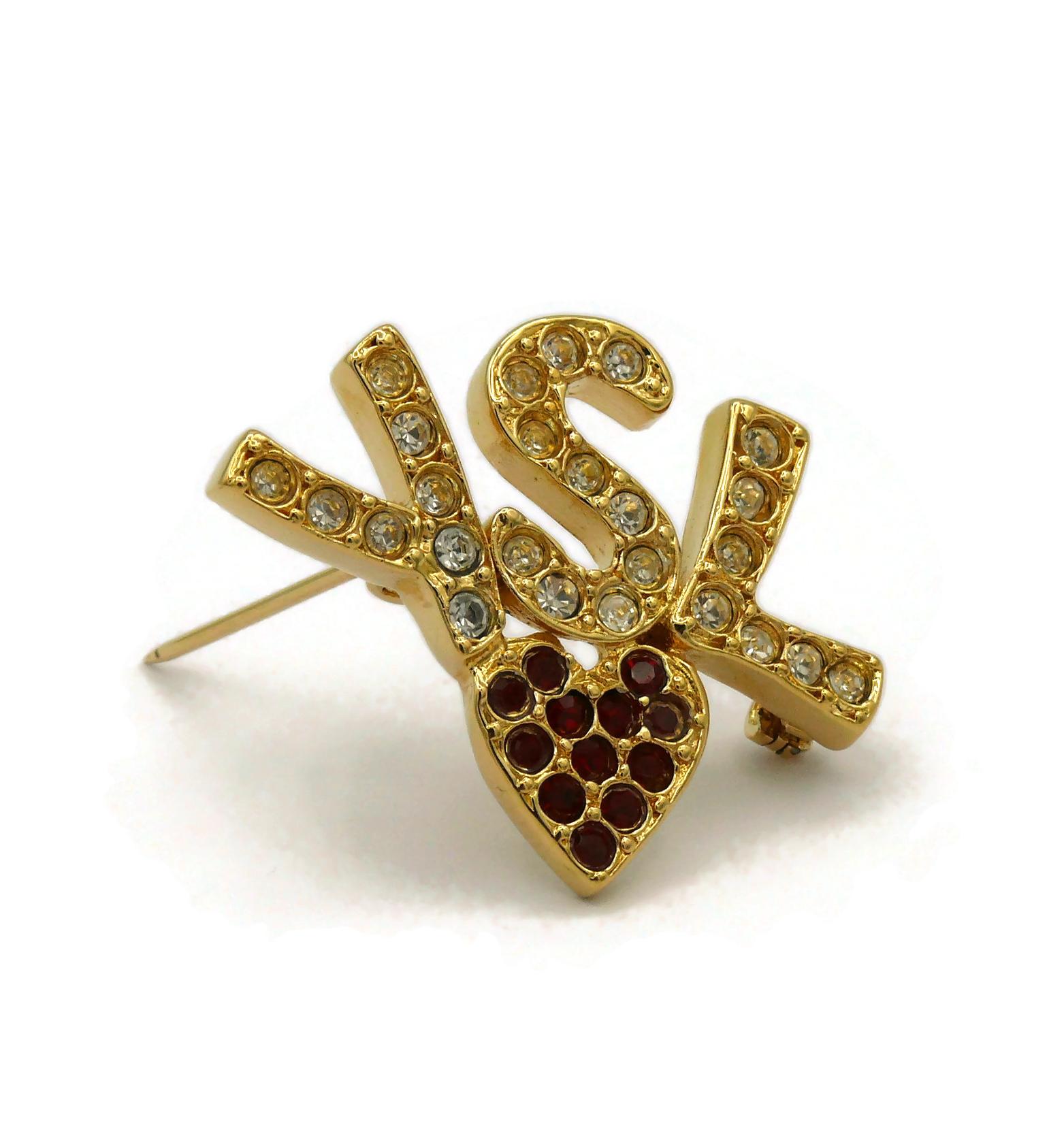Women's YVES SAINT LAURENT YSL Vintage Jewelled Initials Heart Brooch For Sale
