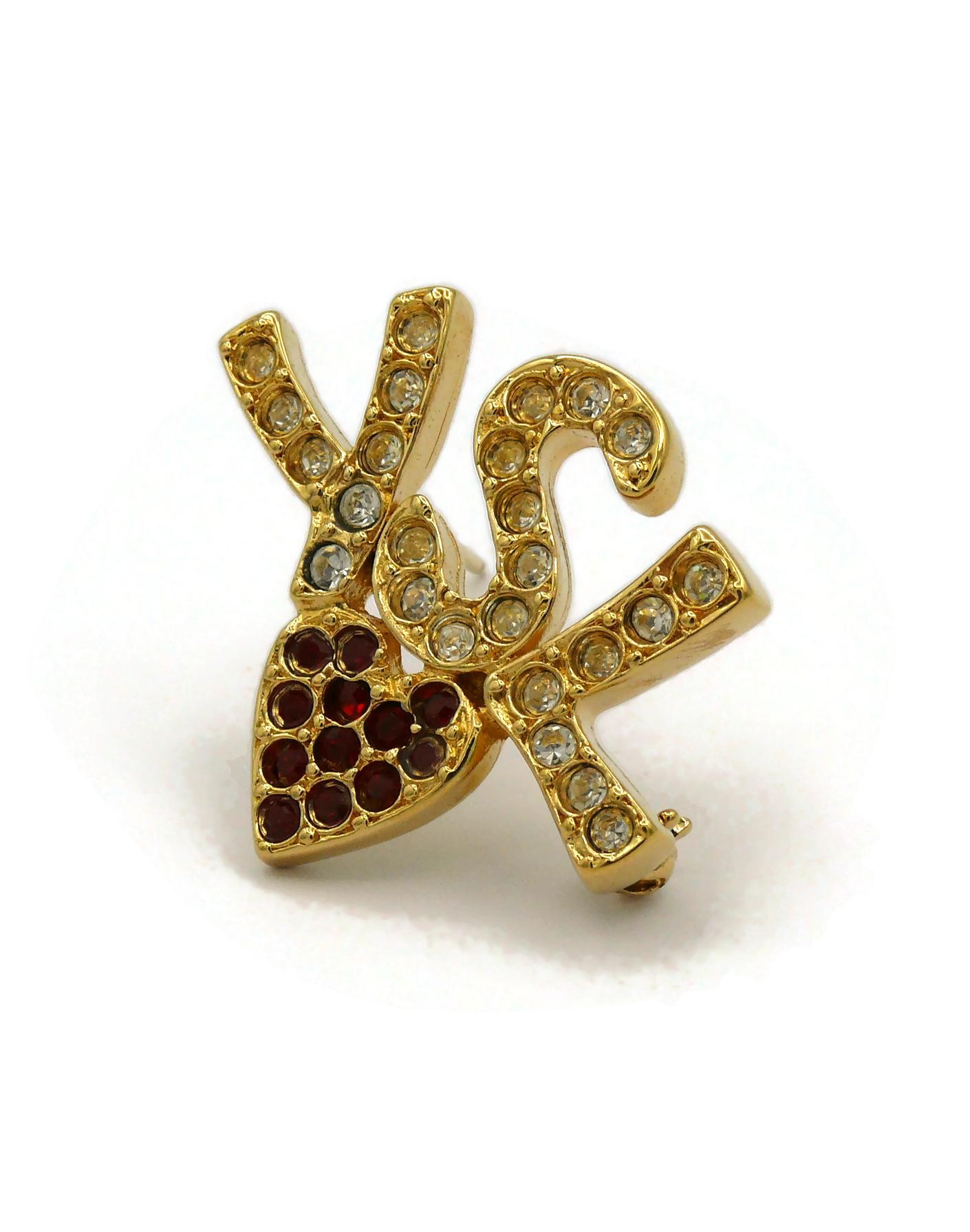 YVES SAINT LAURENT YSL Vintage Jewelled Initials Heart Brooch For Sale 1