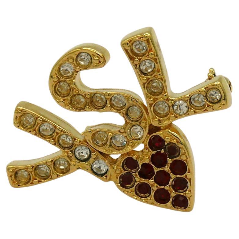 YVES SAINT LAURENT YSL Vintage Jewelled Initials Heart Brooch For Sale