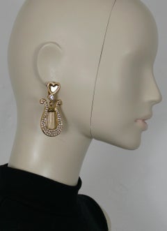YVES SAINT LAURENT YSL Vintage Jewelled Lyra Heart Dangling Earrings
