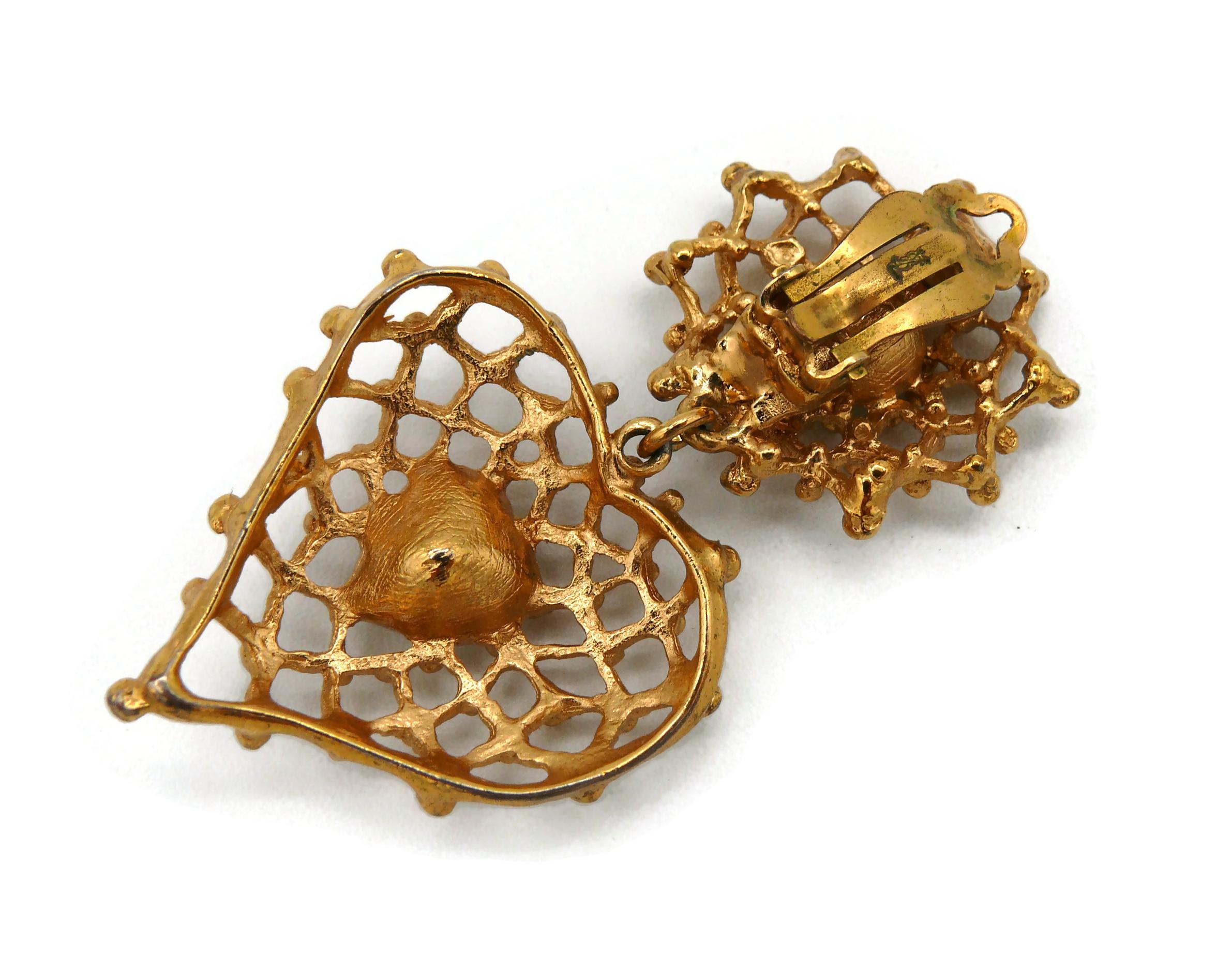 YVES SAINT LAURENT YSL Vintage Jewelled Wire Mesh Heart Dangling Earrings For Sale 4