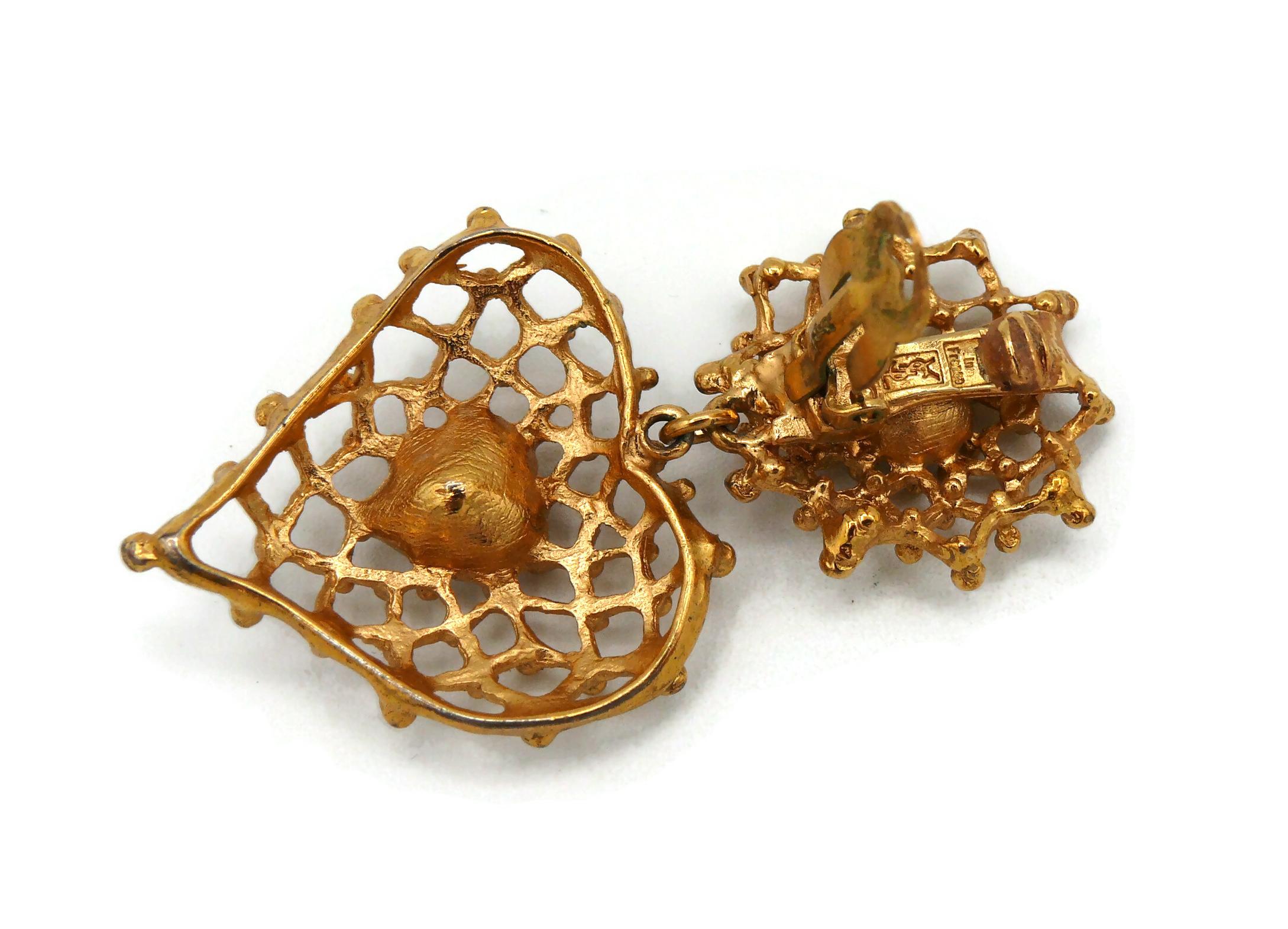 YVES SAINT LAURENT YSL Vintage Jewelled Wire Mesh Heart Dangling Earrings For Sale 8