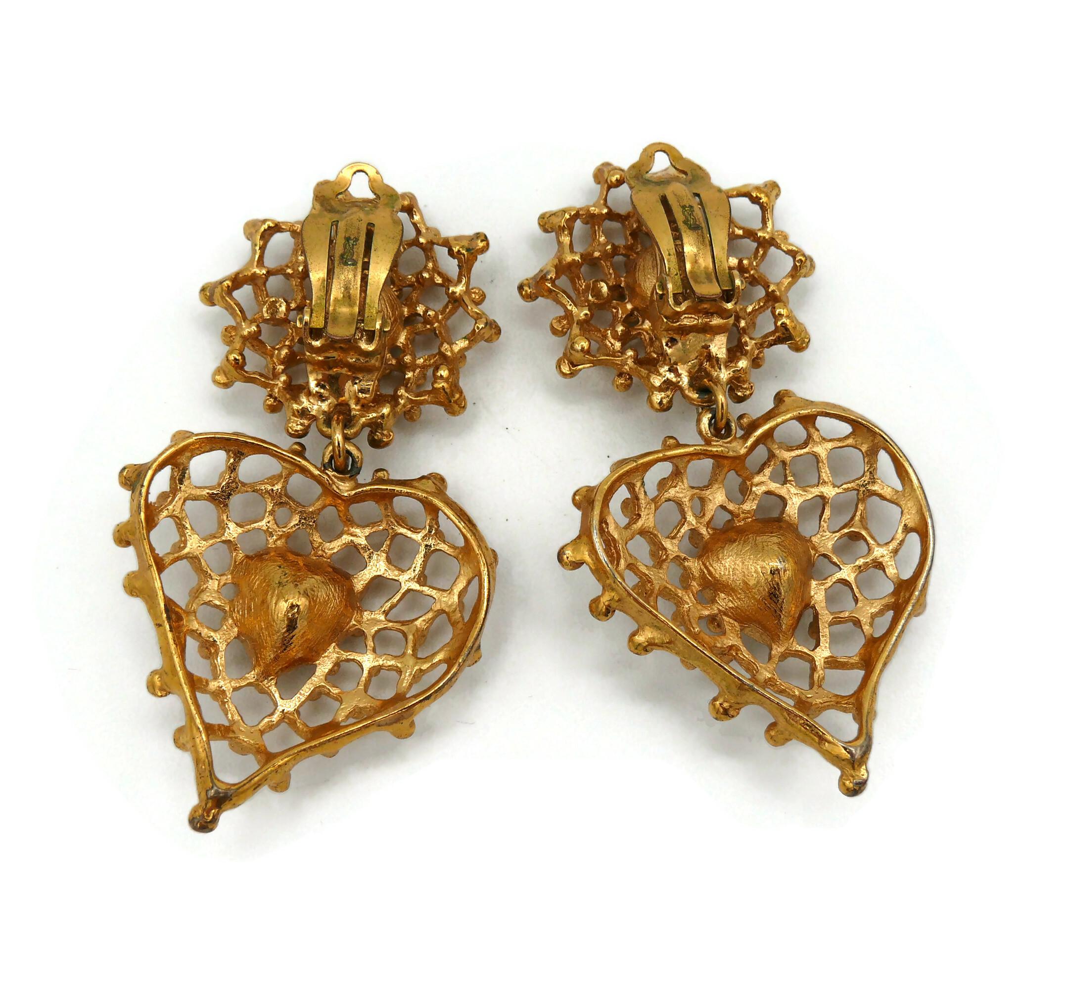 YVES SAINT LAURENT YSL Vintage Jewelled Wire Mesh Heart Dangling Earrings For Sale 2