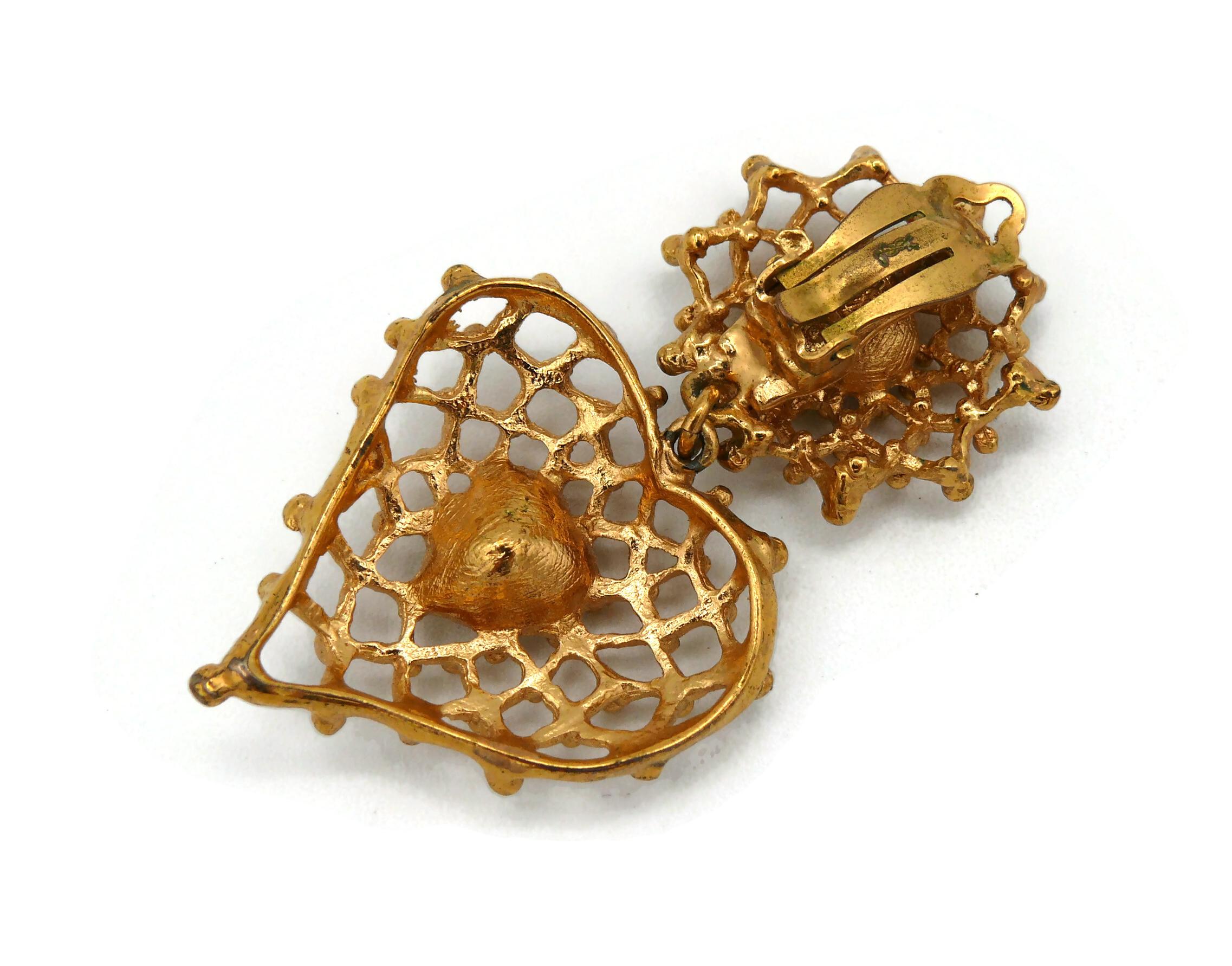 YVES SAINT LAURENT YSL Vintage Jewelled Wire Mesh Heart Dangling Earrings For Sale 3