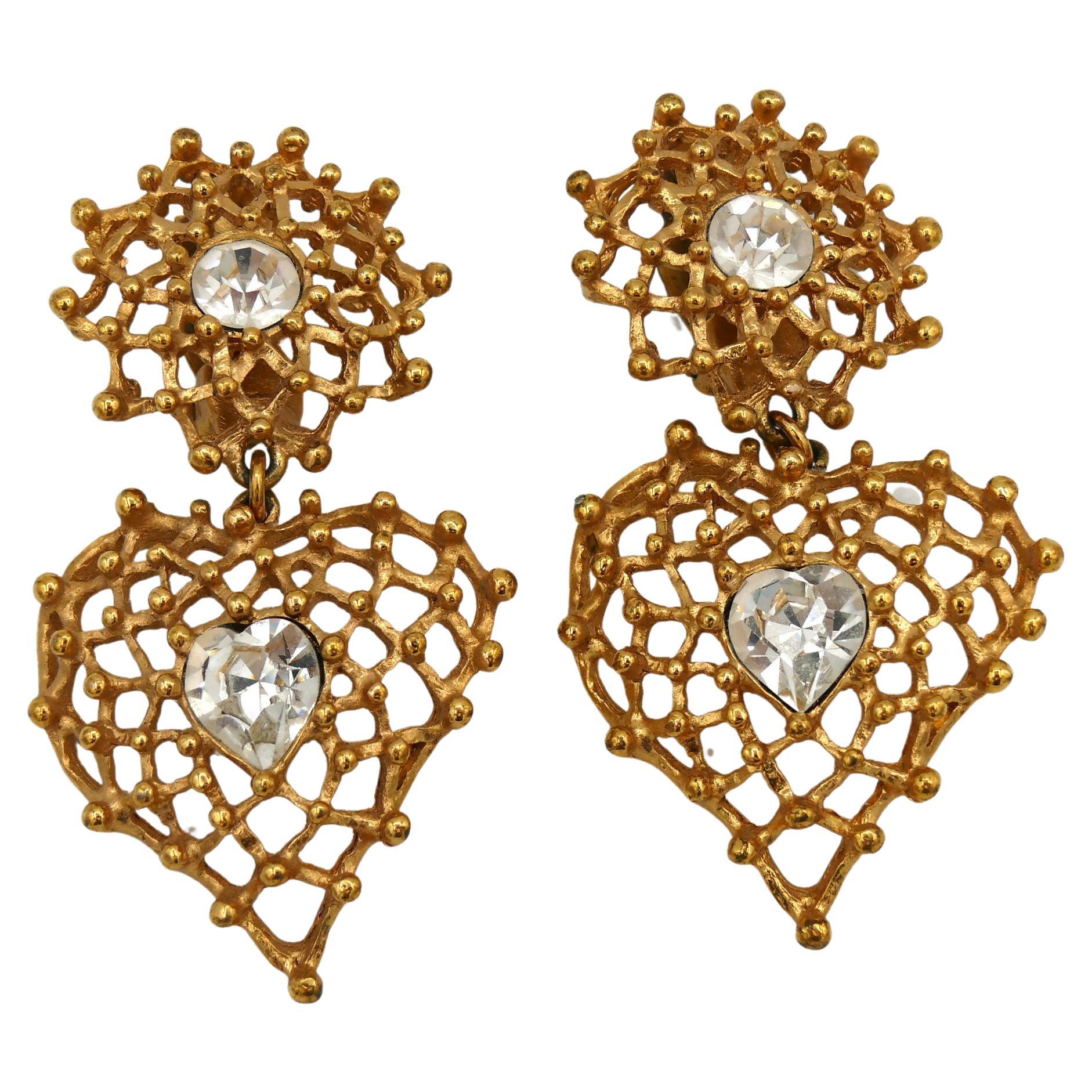 YVES SAINT LAURENT YSL Vintage Jewelled Wire Mesh Heart Dangling Earrings For Sale