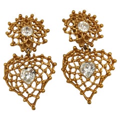 YVES SAINT LAURENT YSL Vintage Jewelled Wire Mesh Heart Dangling Earrings