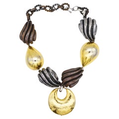 Yves Saint Laurent YSL Vintage Large Circle Grey Brown Shell Pendant Necklace