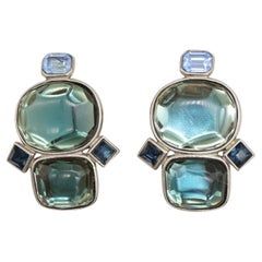 Yves Saint Laurent YSL Vintage Orecchini Grandi Doppi Cristalli Blu Greene & Greene