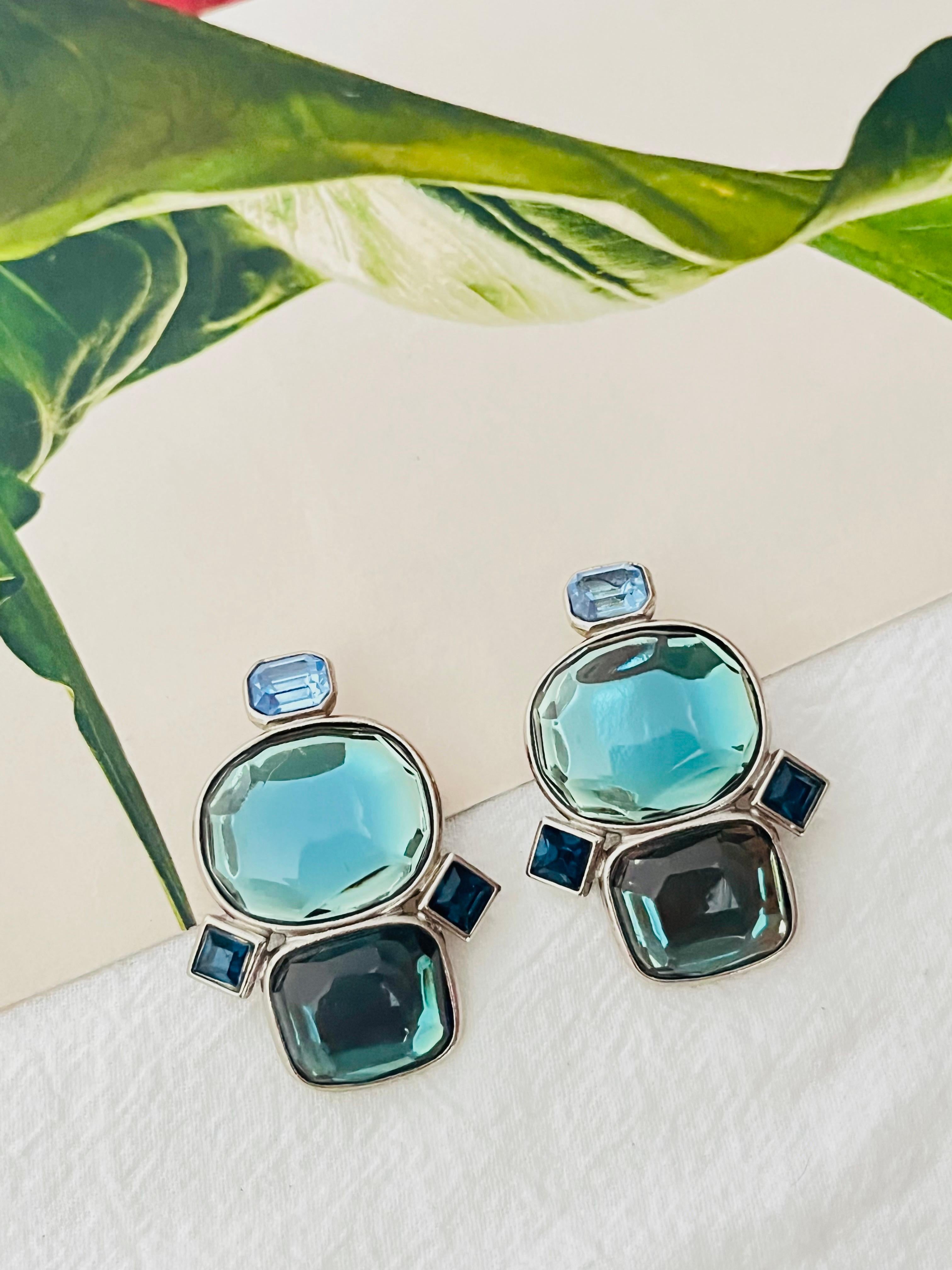 Art Deco Yves Saint Laurent YSL Vintage Large Double Lake Blue Green Crystals Earrings For Sale