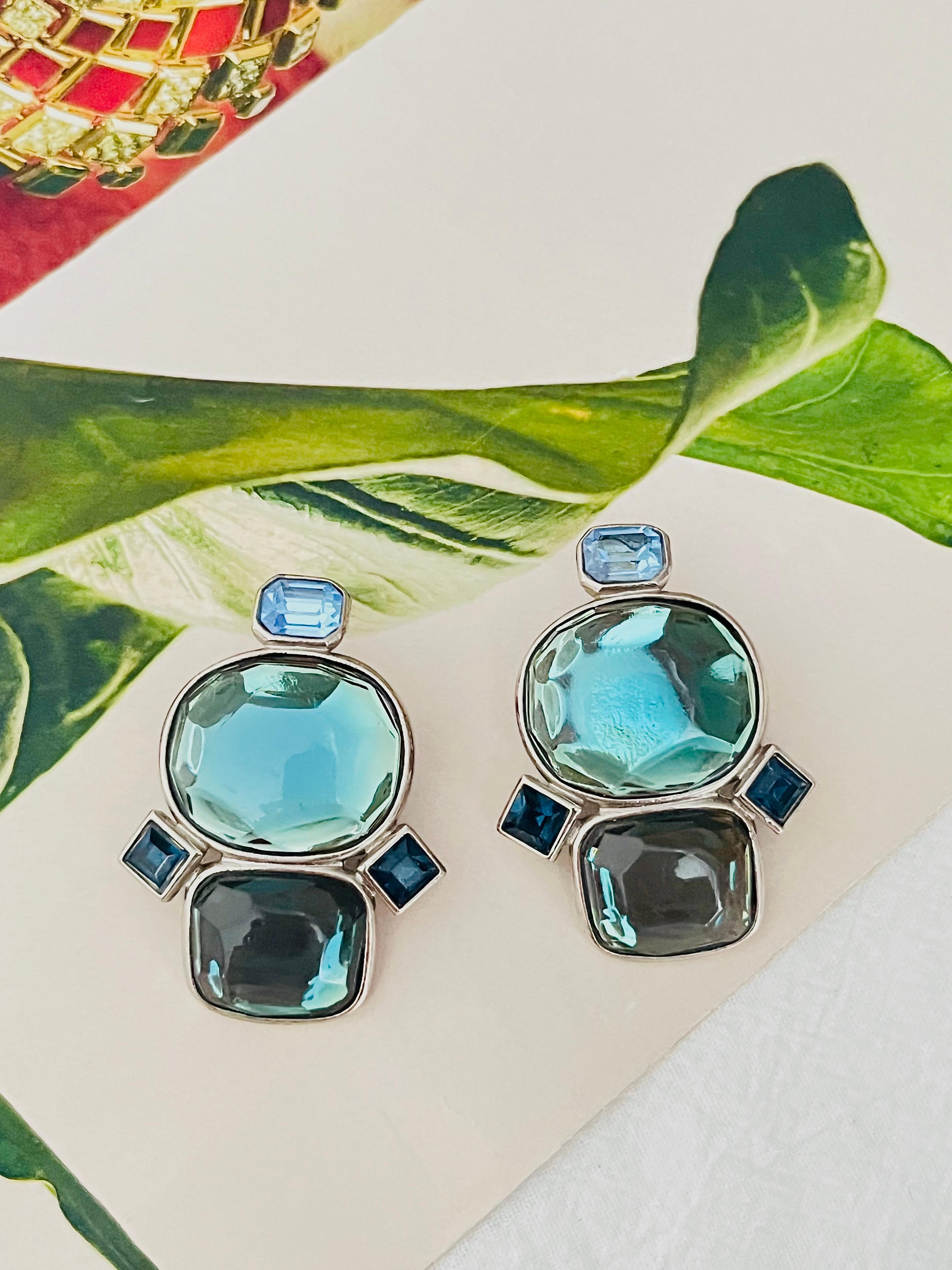 Yves Saint Laurent YSL Vintage Large Double Lake Blue Green Crystals Earrings In Good Condition For Sale In Wokingham, England