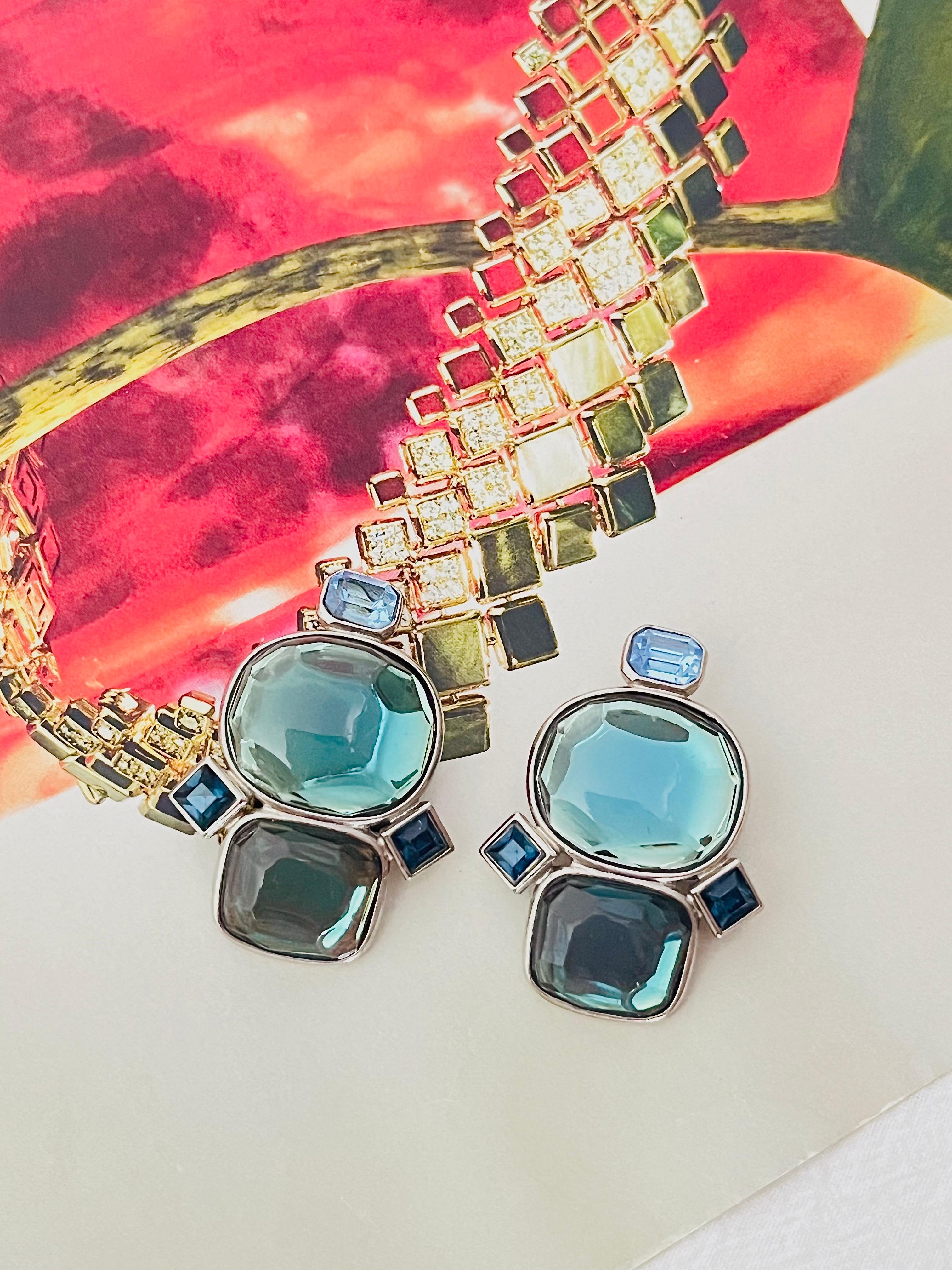 Women's or Men's Yves Saint Laurent YSL Vintage Large Double Lake Blue Green Crystals Earrings For Sale