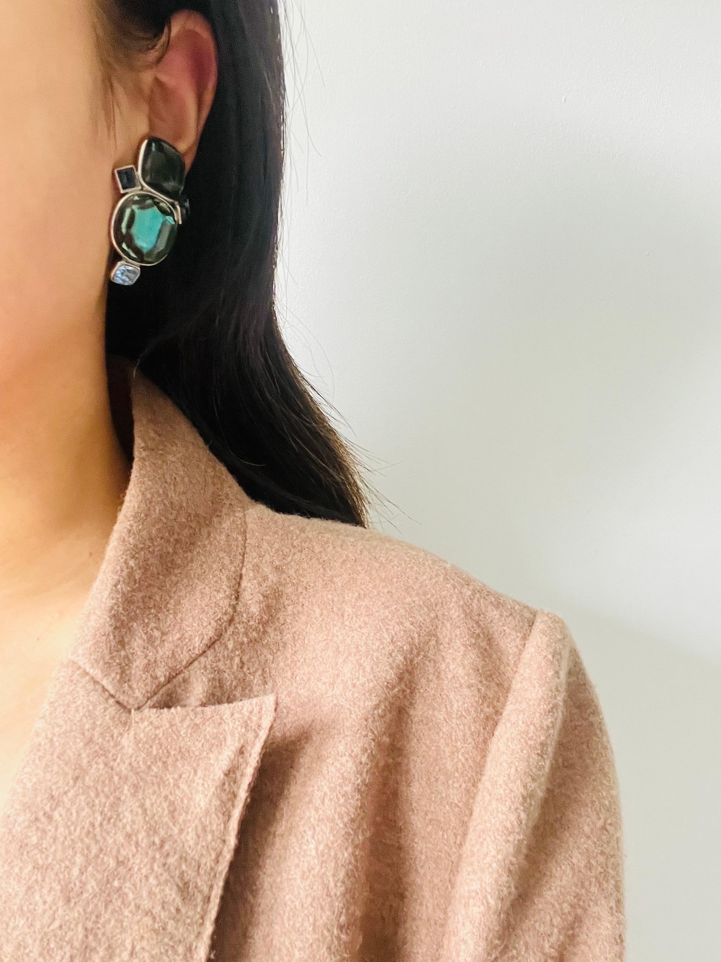 Yves Saint Laurent YSL Vintage Large Double Lake Blue Green Crystals Earrings For Sale 1