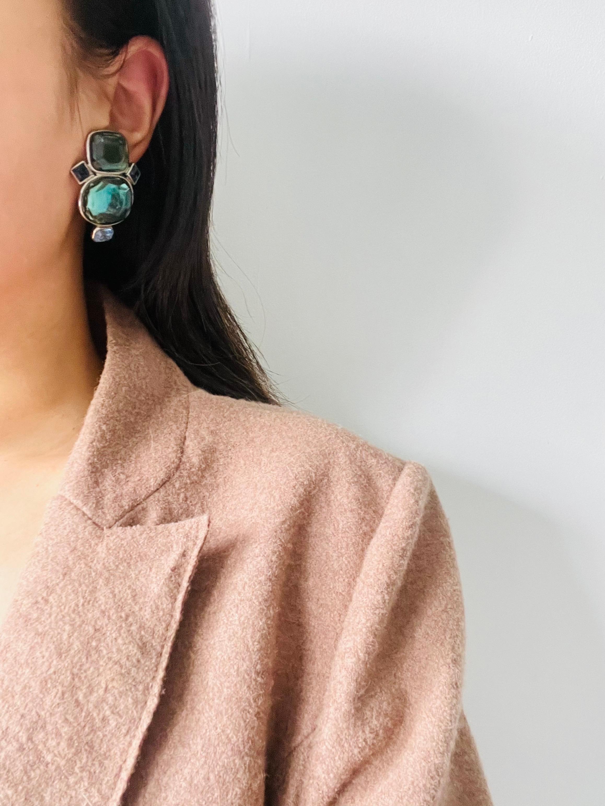 Yves Saint Laurent YSL Vintage Large Double Lake Blue Green Crystals Earrings For Sale 3