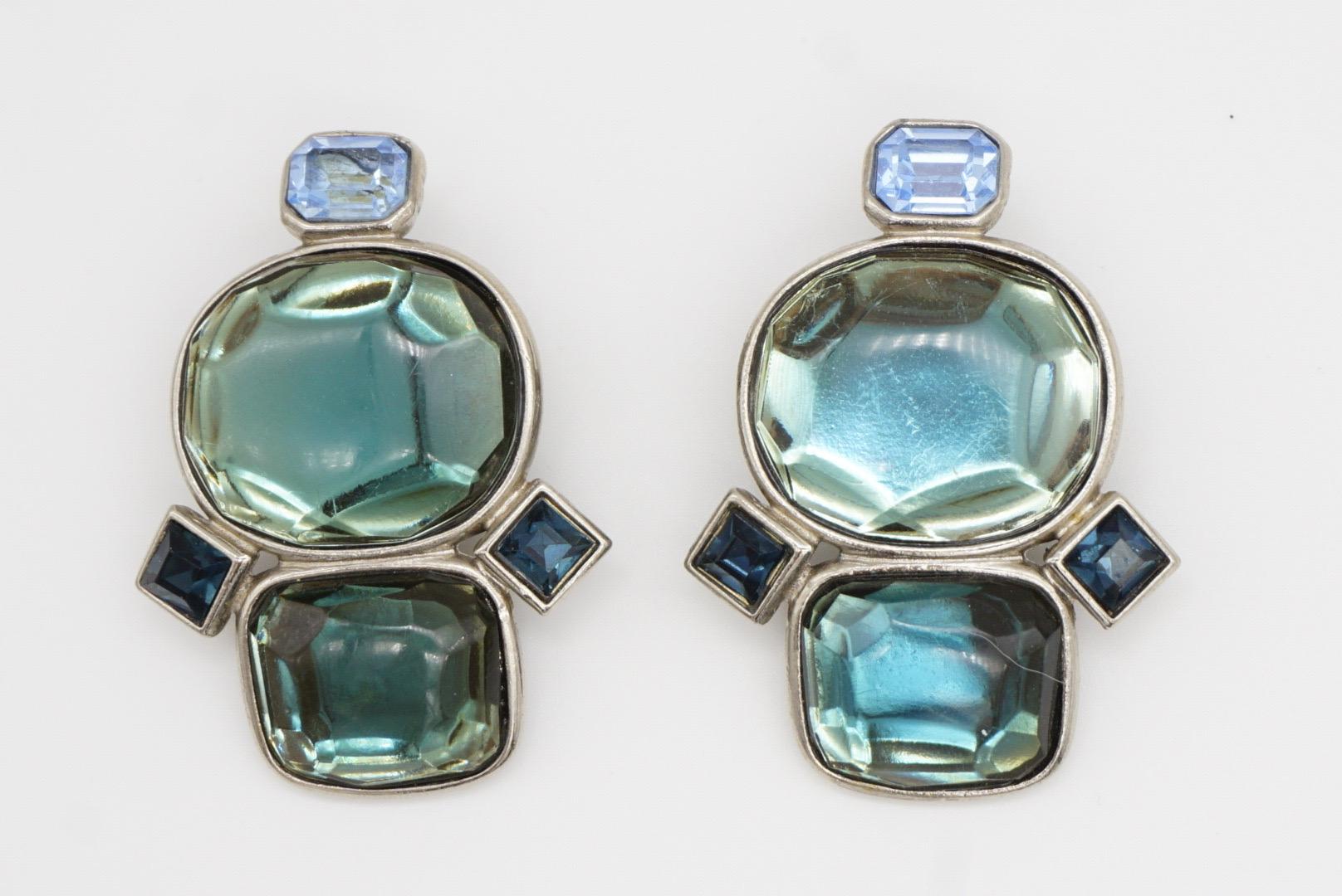 Yves Saint Laurent YSL Vintage Large Double Lake Blue Green Crystals Earrings For Sale 4