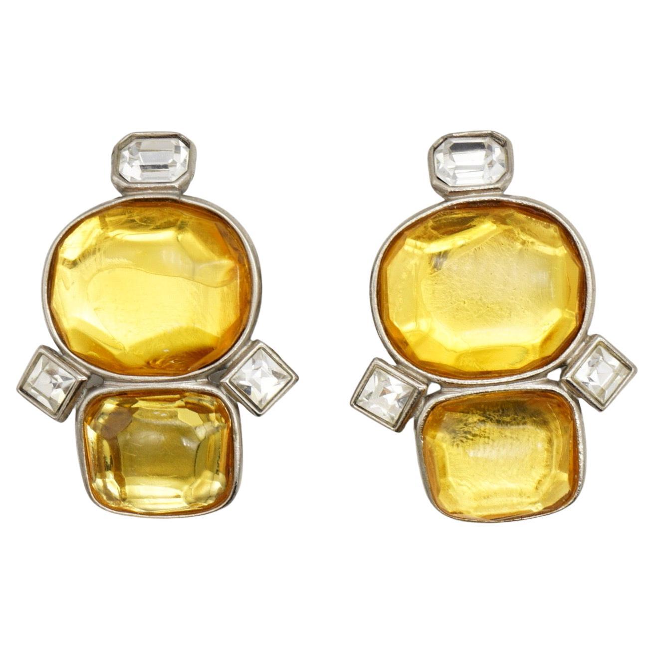 Yves Saint Laurent YSL Vintage Large Double Yellow Citrine Crystals Cabochon Oval Rectangle Square Chunky Statement Modernist Clip Earrings, Gold Tone

Very good condition. 100% Genuine. Vintage and rare to find. Signed at the rear. 

Material: